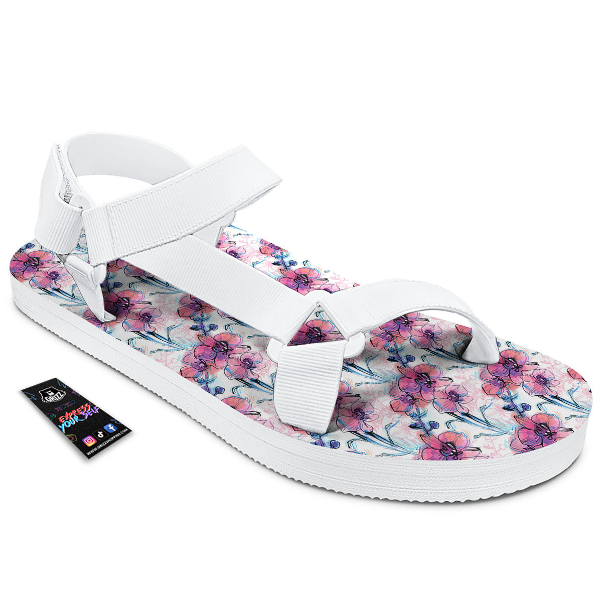 Orchid Drawing Print Pattern White Open Toe Sandals-grizzshop