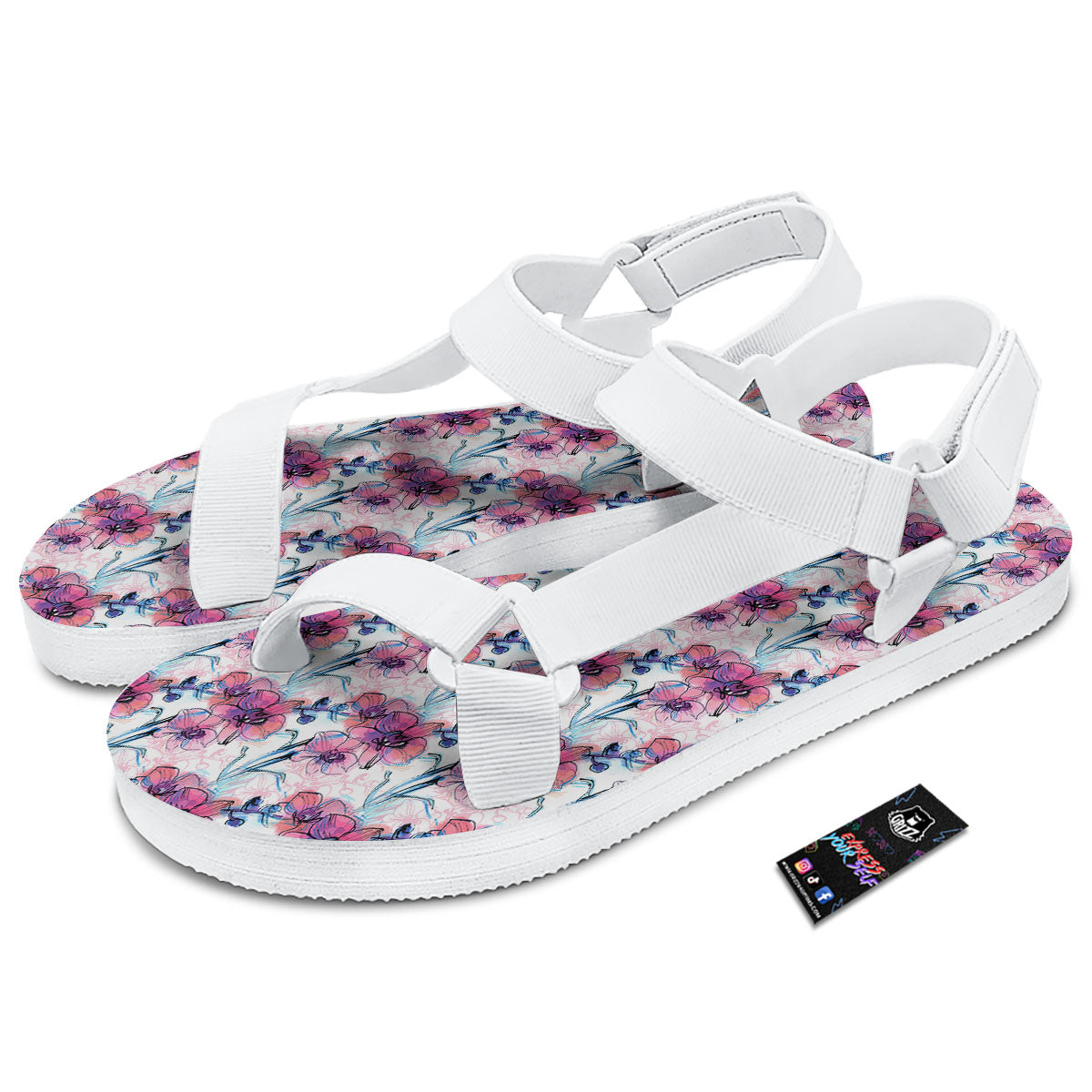 Orchid Drawing Print Pattern White Open Toe Sandals-grizzshop