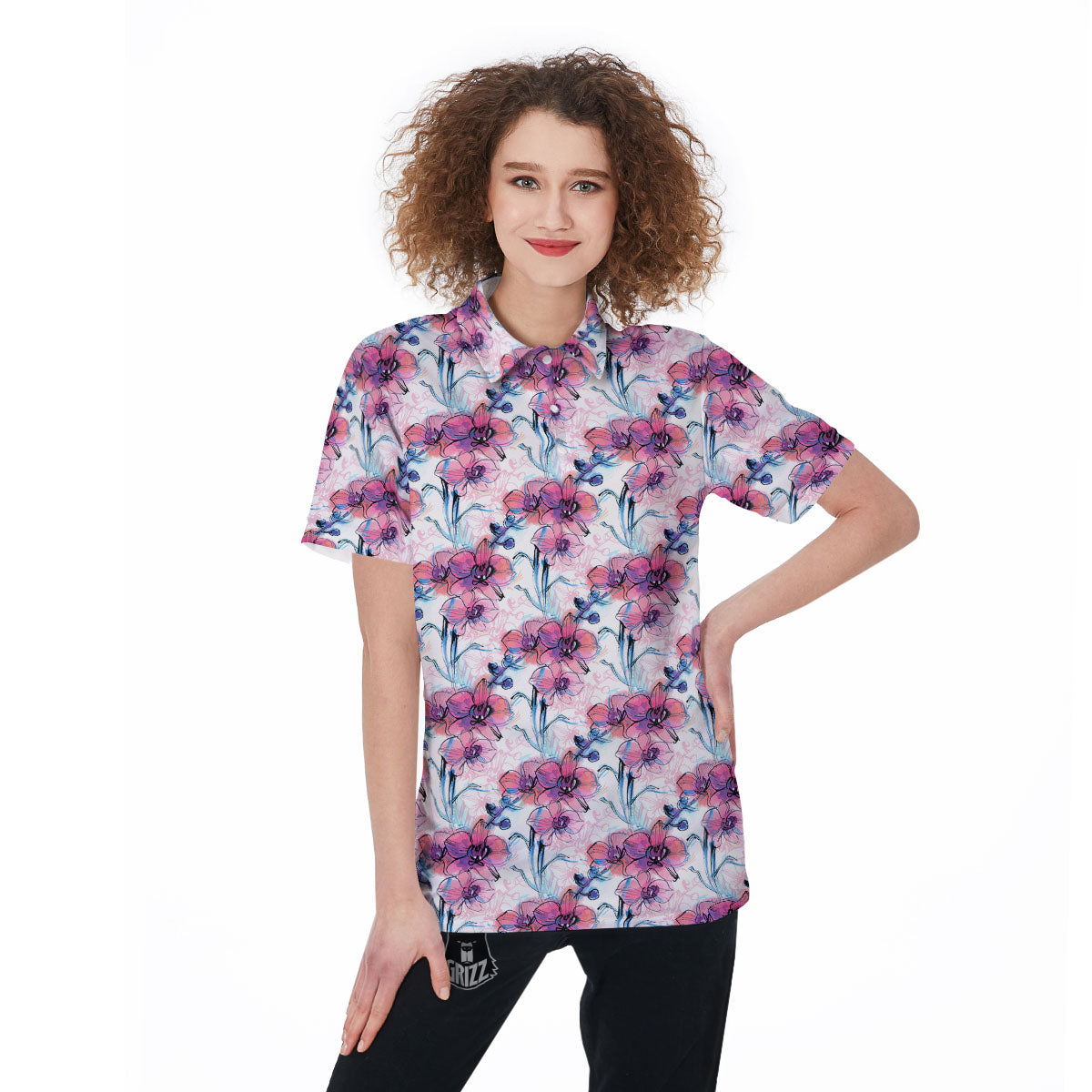 Orchid Drawing Print Pattern Women's Golf Shirts-grizzshop