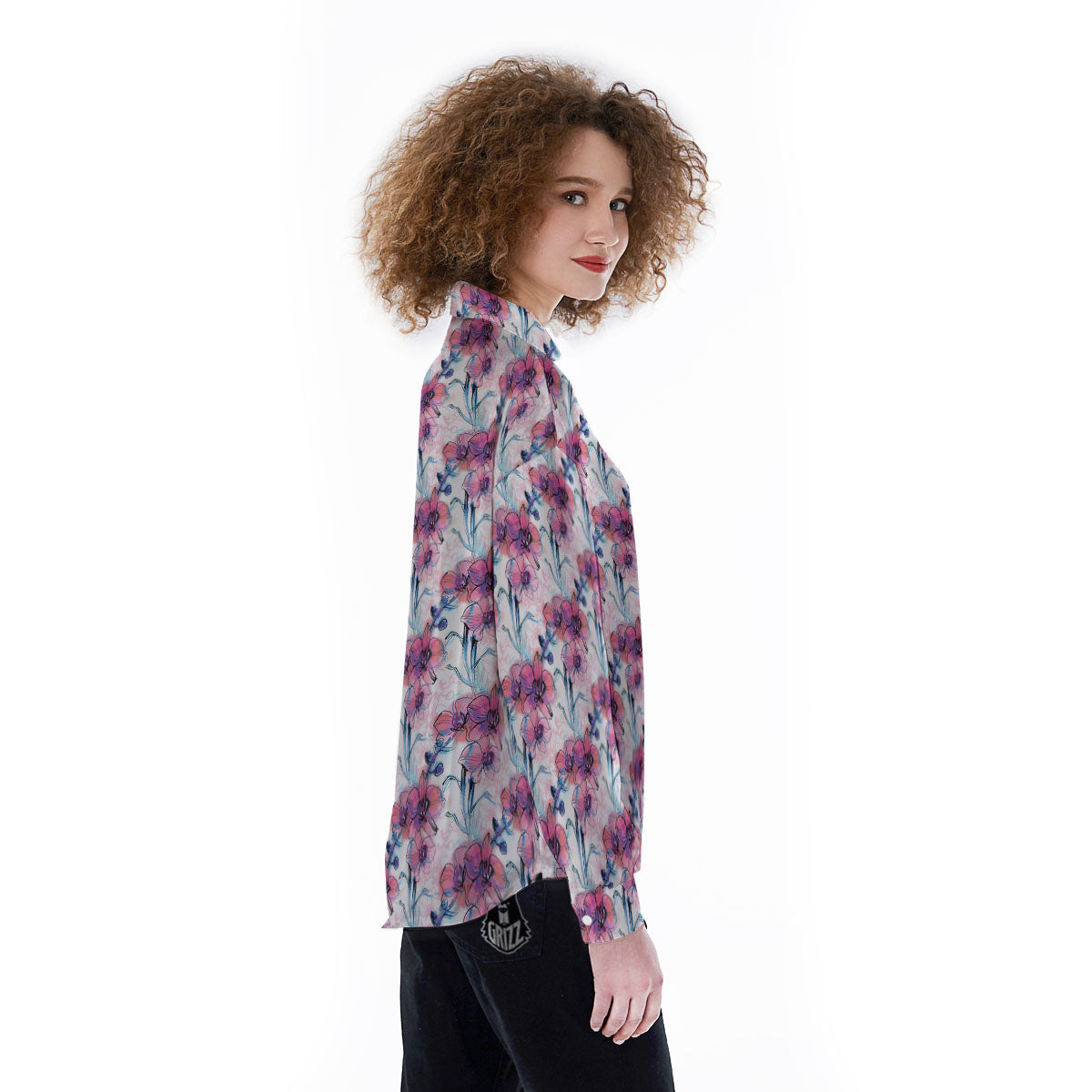 Orchid Drawing Print Pattern Women's Long Sleeve Shirts-grizzshop