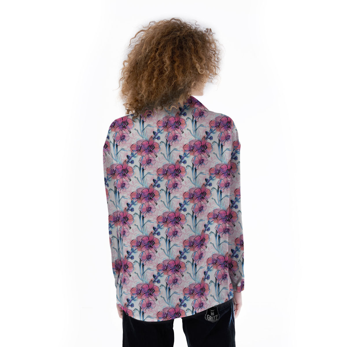 Orchid Drawing Print Pattern Women's Long Sleeve Shirts-grizzshop