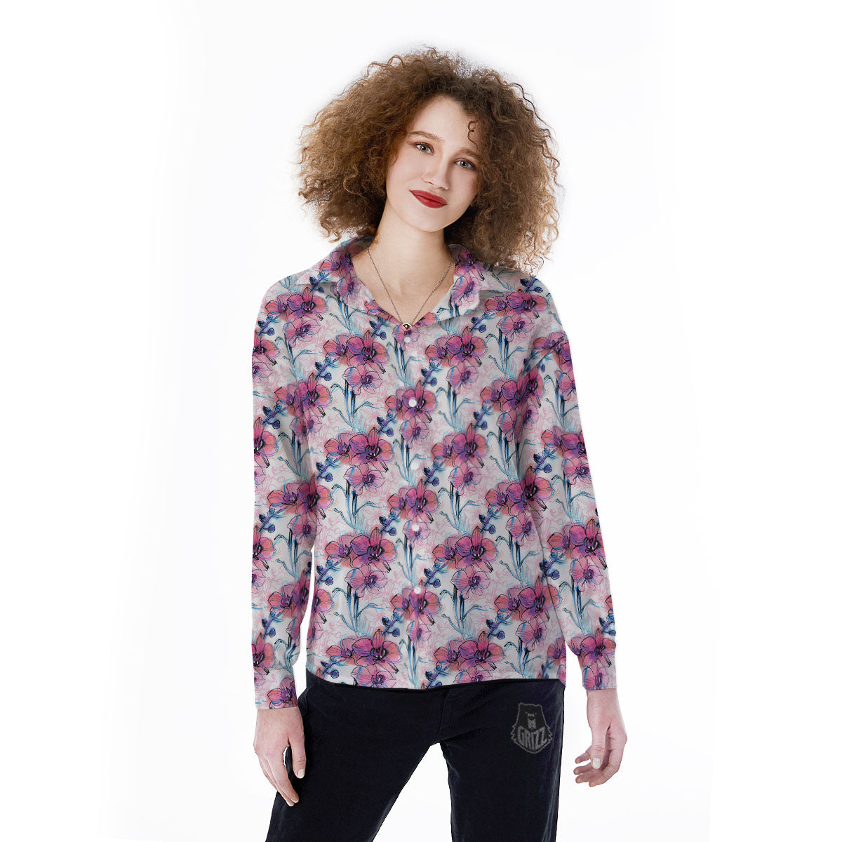 Orchid Drawing Print Pattern Women's Long Sleeve Shirts-grizzshop