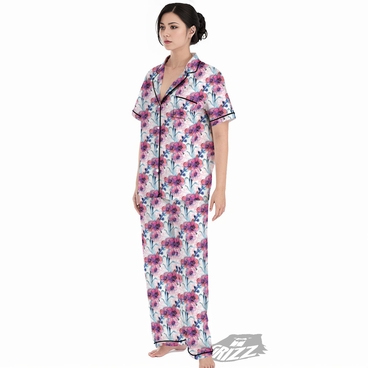 Orchid Drawing Print Pattern Women's Pajamas Set-grizzshop