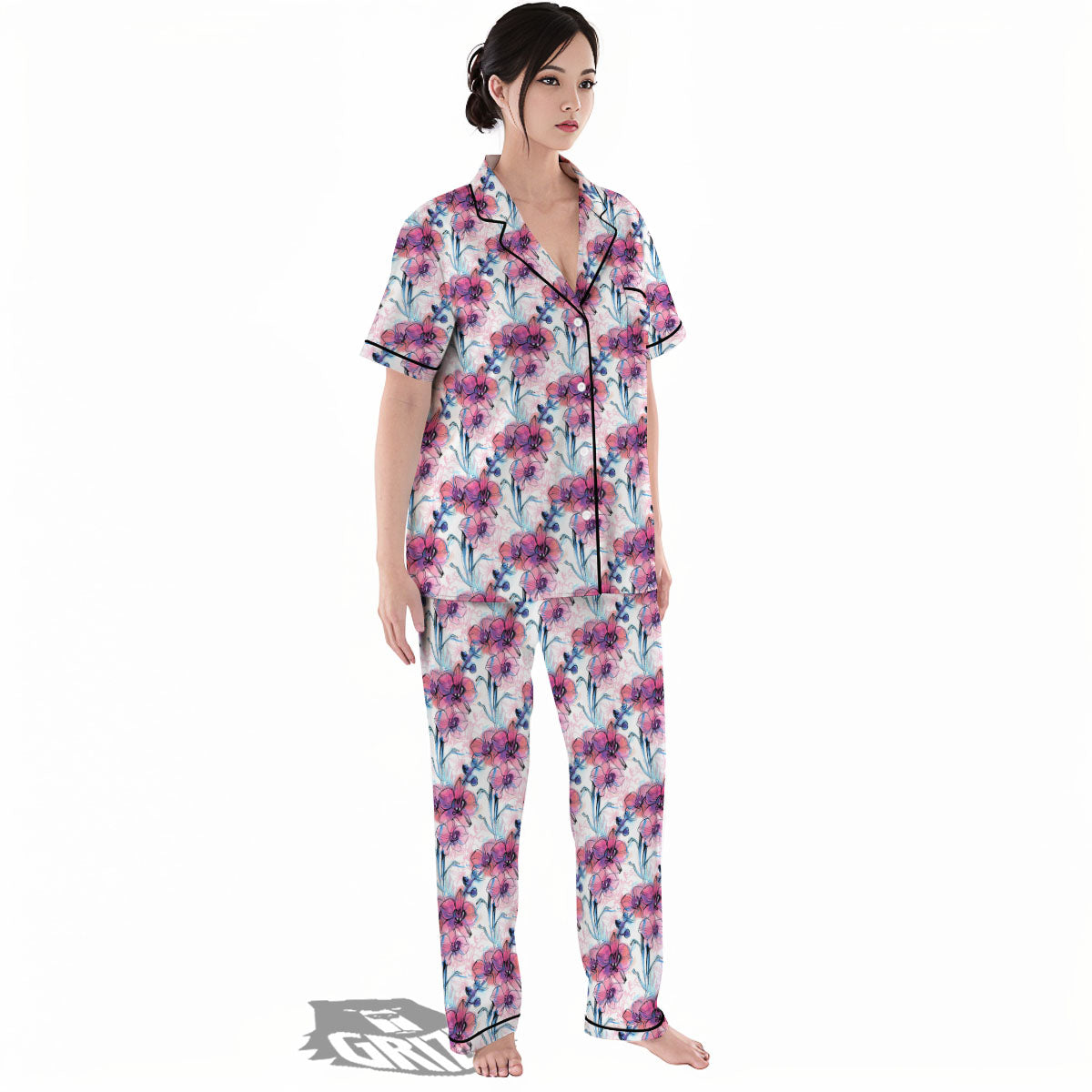 Orchid Drawing Print Pattern Women's Pajamas Set-grizzshop