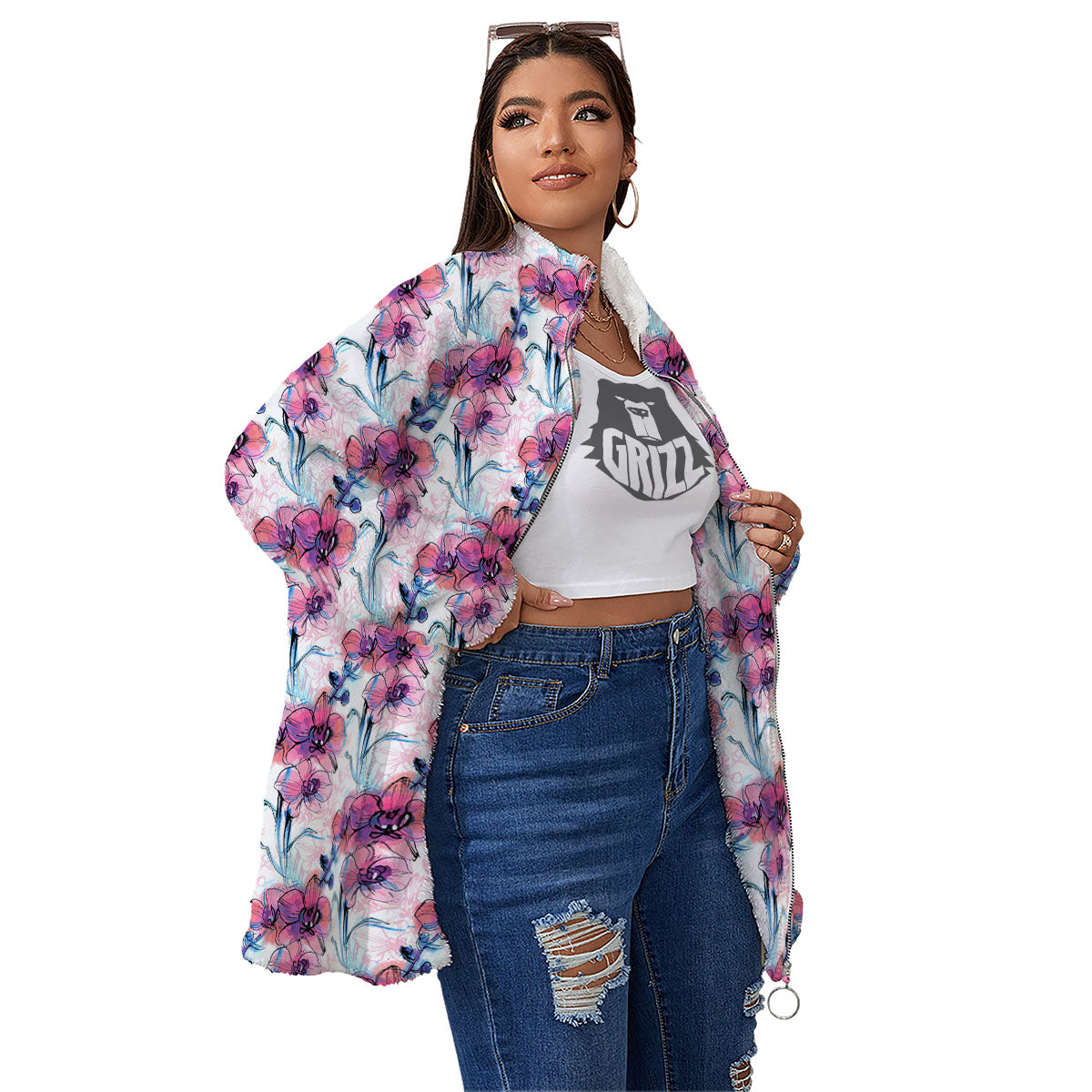 Orchid Drawing Print Pattern Women's Sherpa Jacket-grizzshop