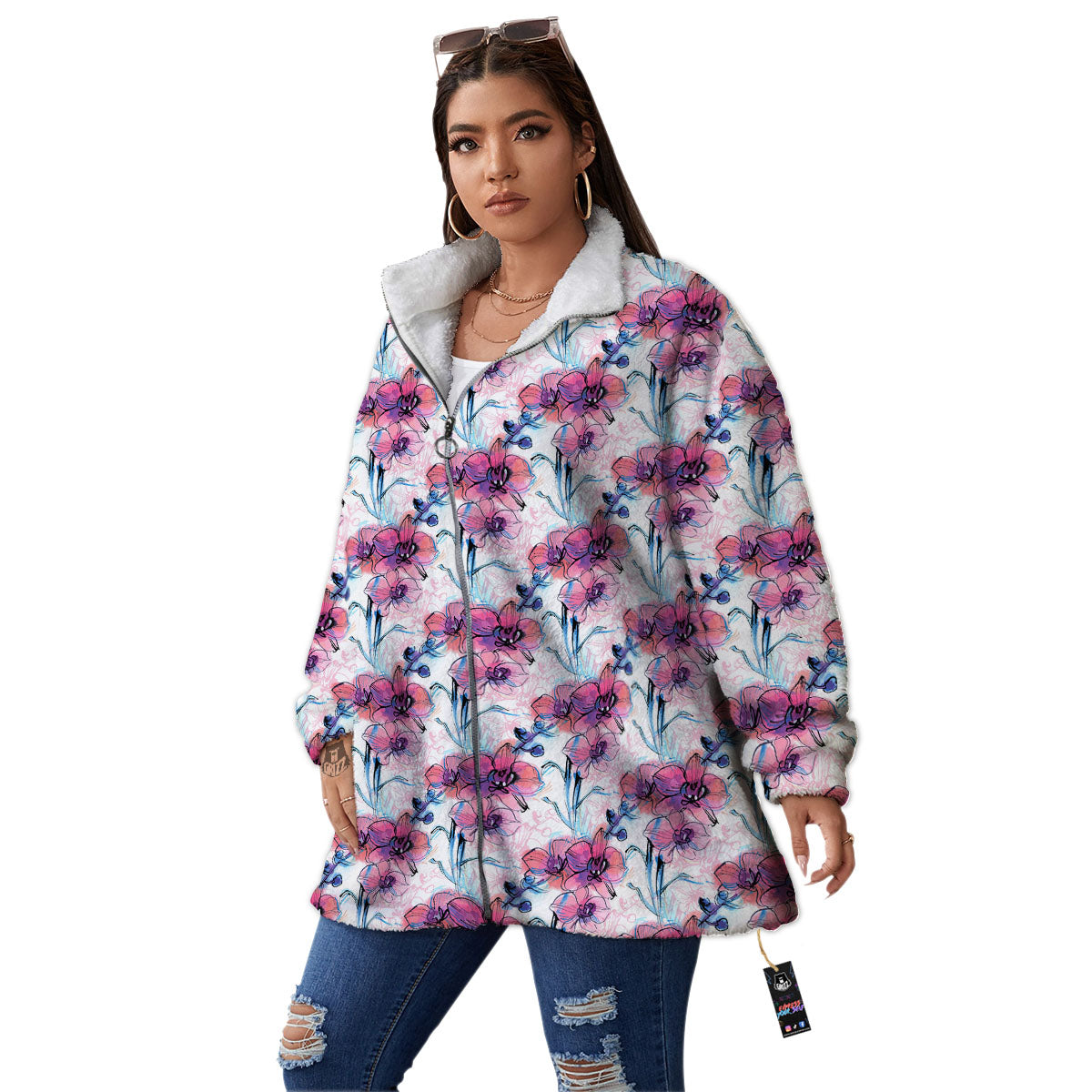 Orchid Drawing Print Pattern Women's Sherpa Jacket-grizzshop