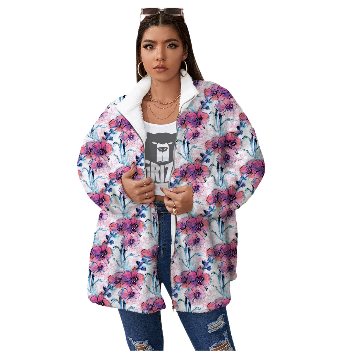Orchid Drawing Print Pattern Women's Sherpa Jacket-grizzshop