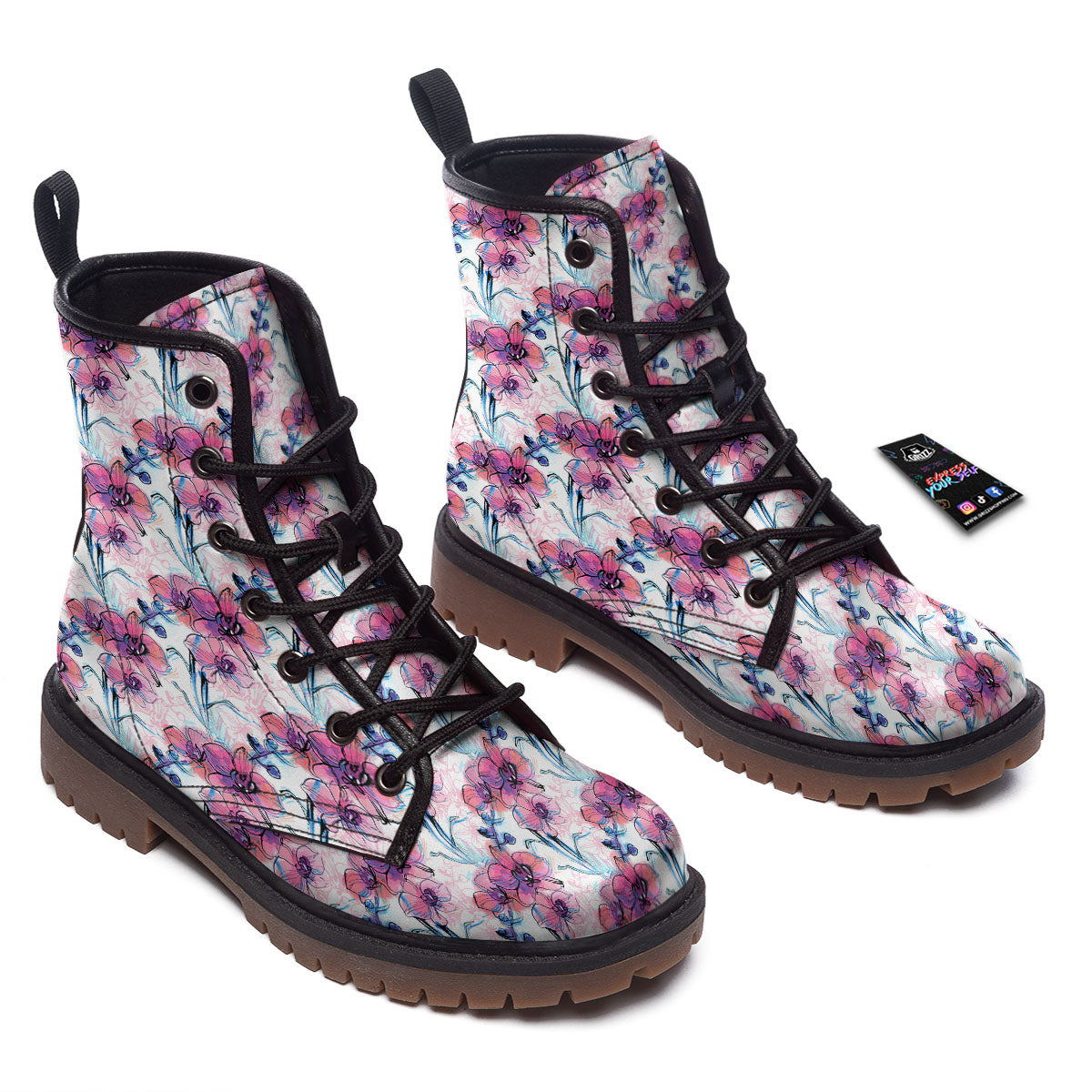Orchid Drawing Print Pattern Work Boots-grizzshop