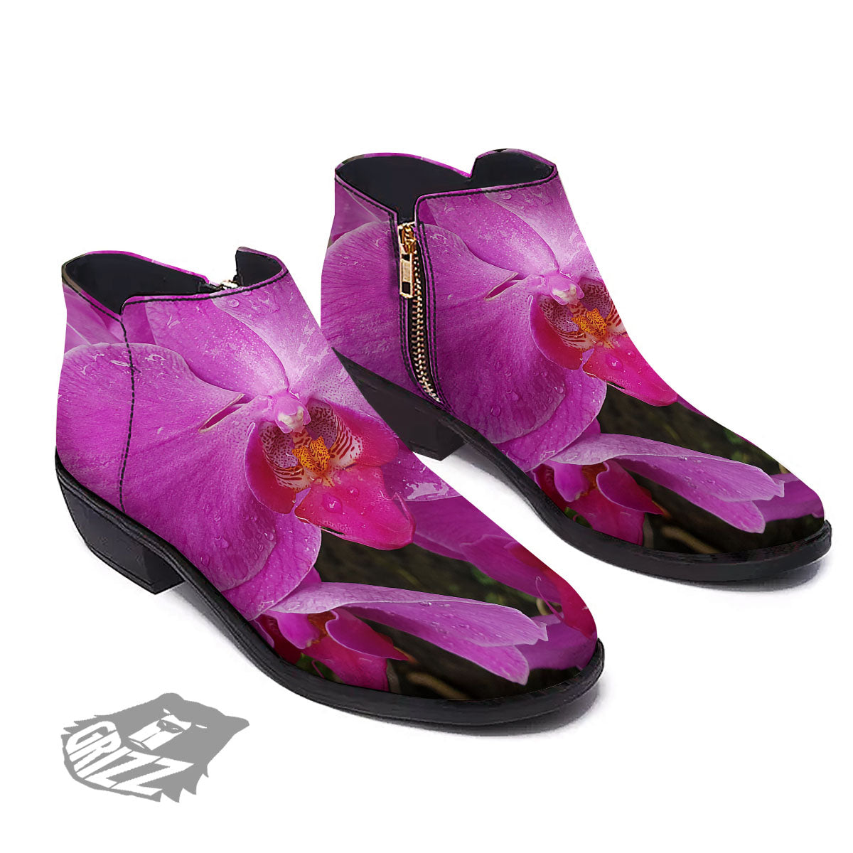 Orchid Flower Magenta Print Ankle Boots-grizzshop