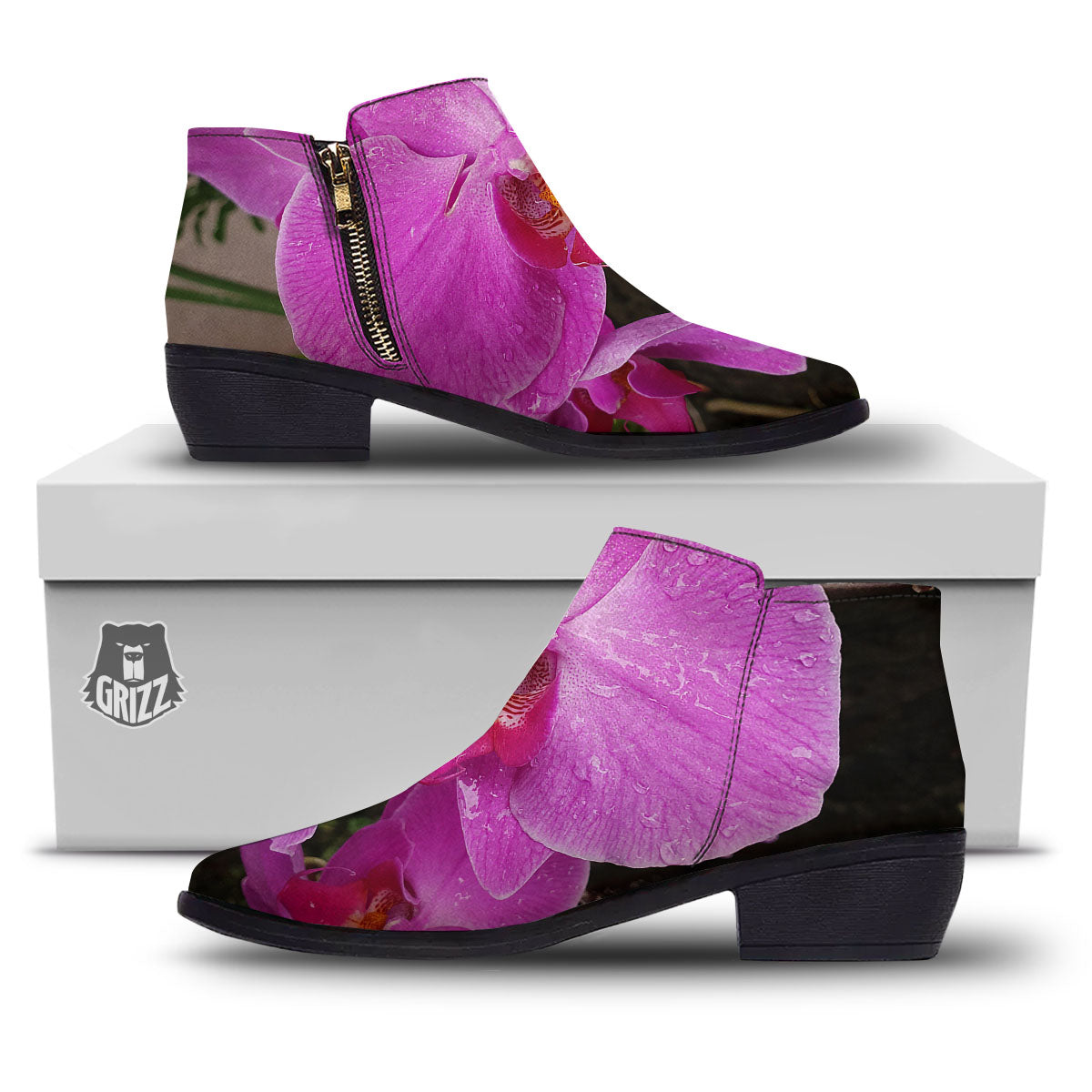 Orchid Flower Magenta Print Ankle Boots-grizzshop