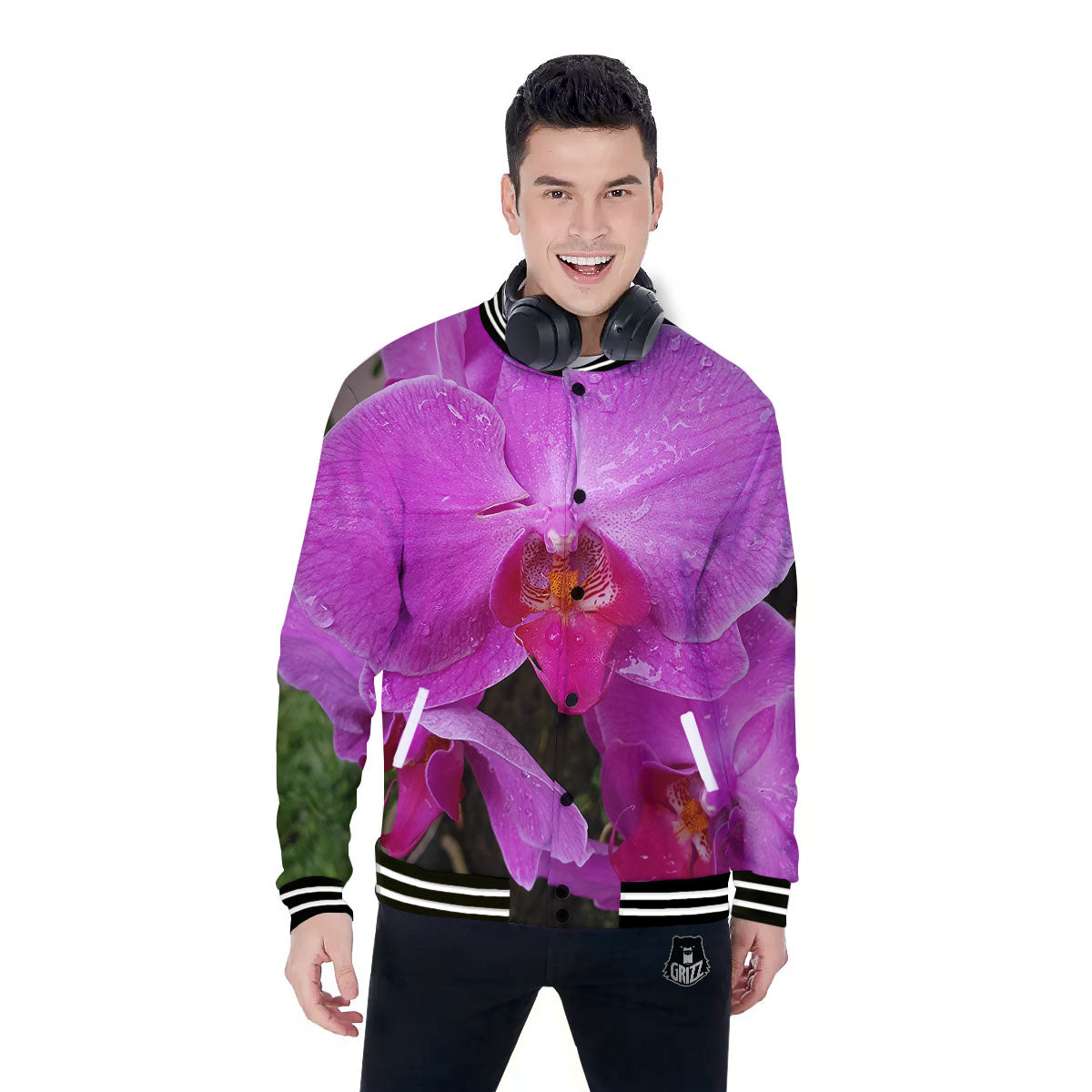 Orchid Flower Magenta Print Baseball Jacket-grizzshop
