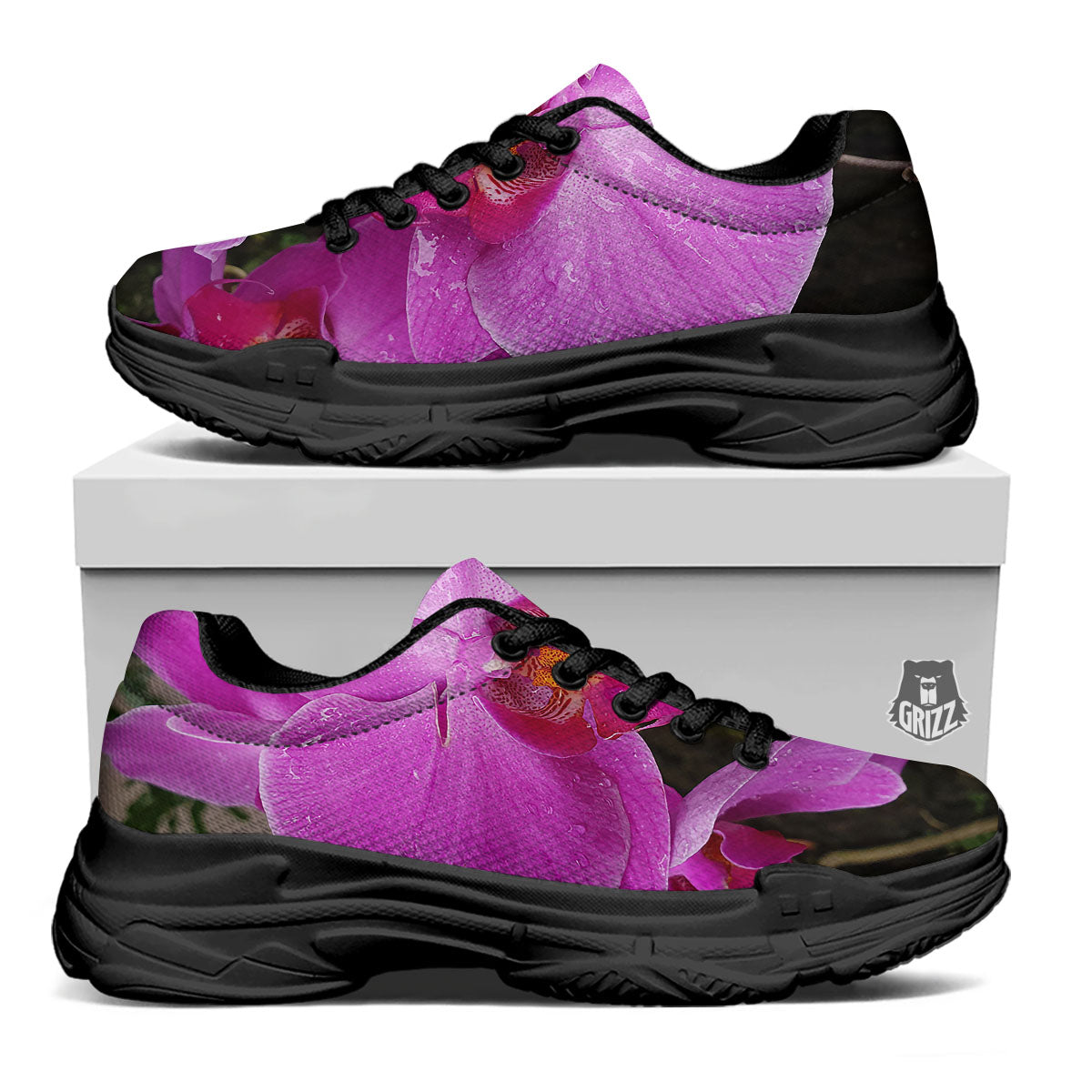 Orchid Flower Magenta Print Black Chunky Shoes-grizzshop