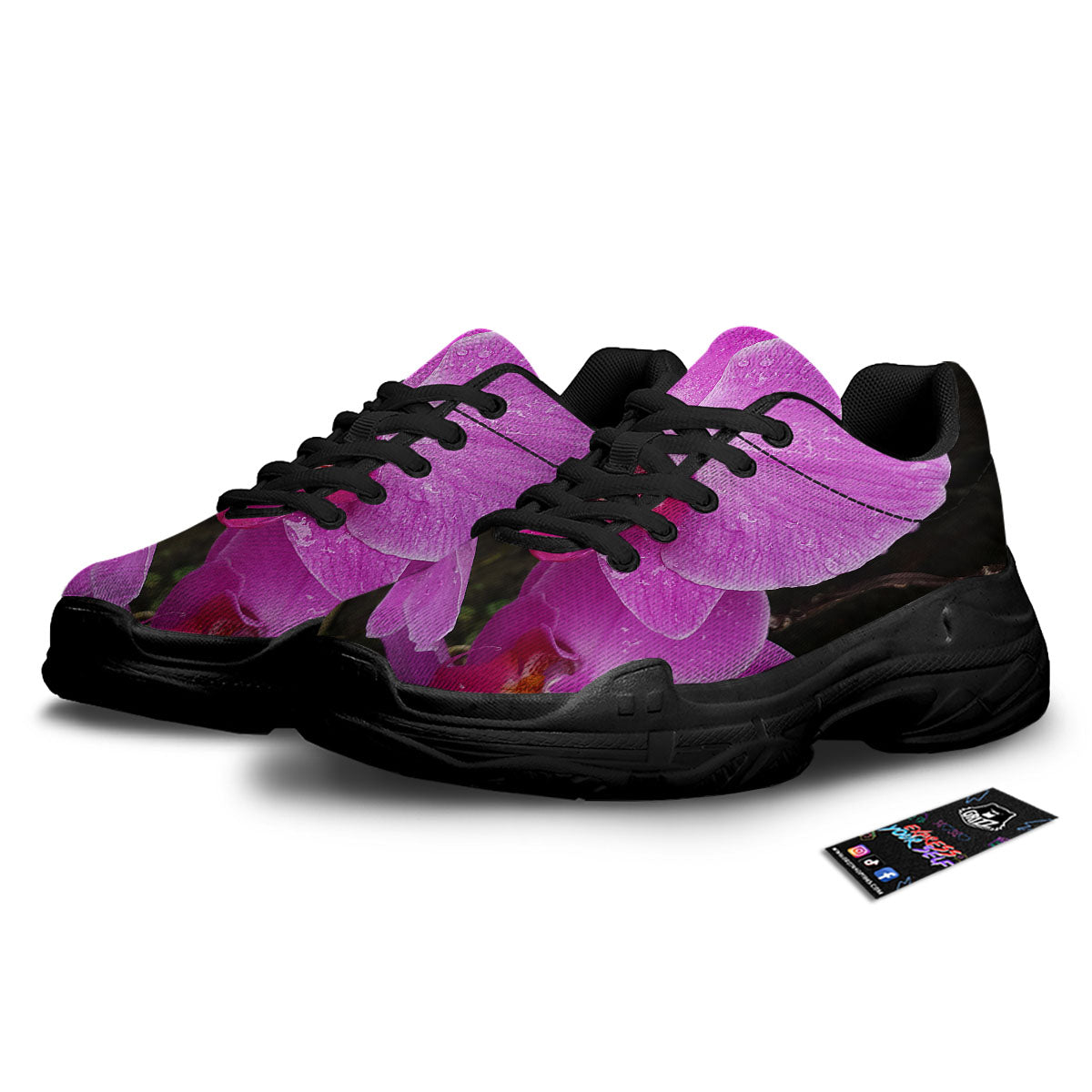 Orchid Flower Magenta Print Black Chunky Shoes-grizzshop