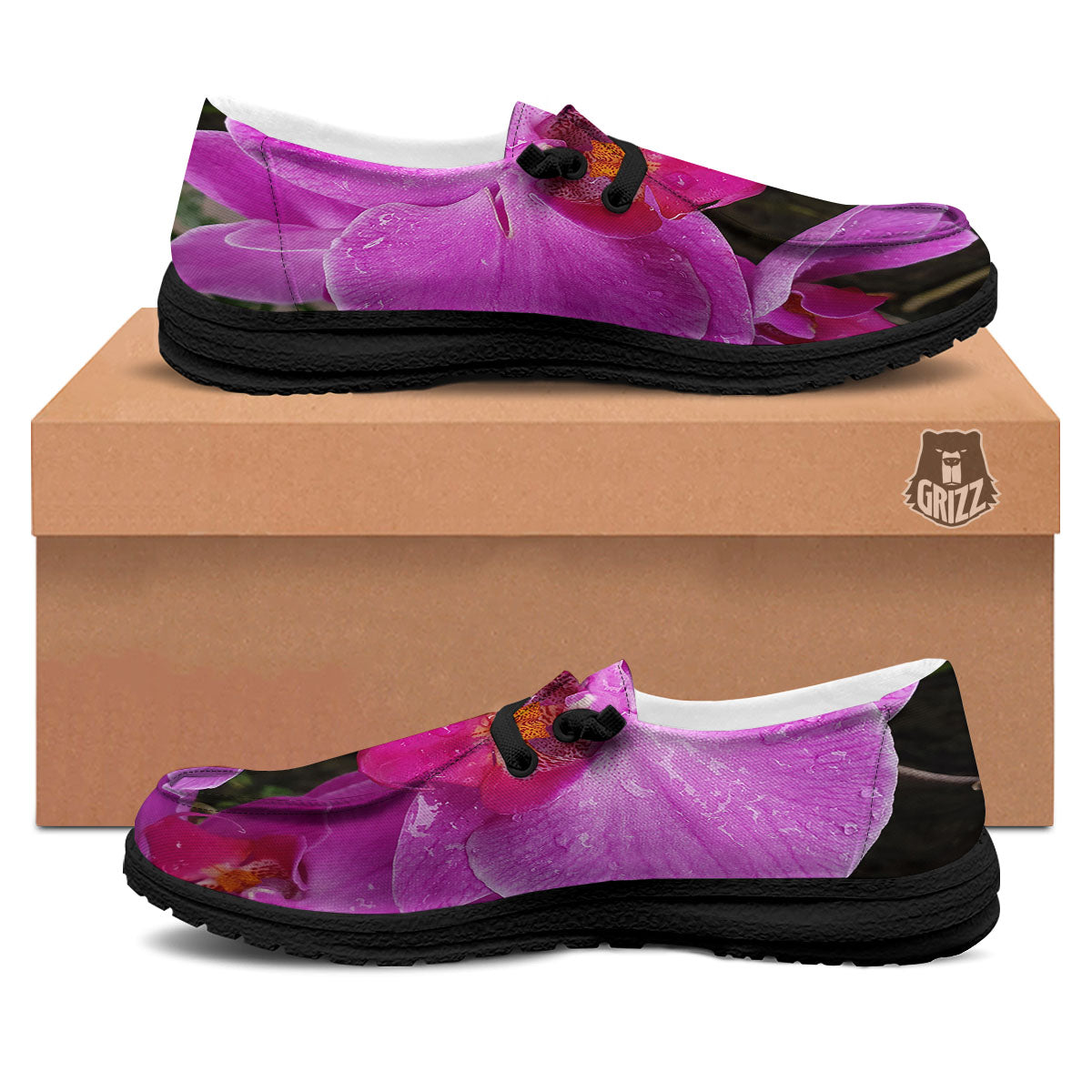 Orchid Flower Magenta Print Black Loafers-grizzshop