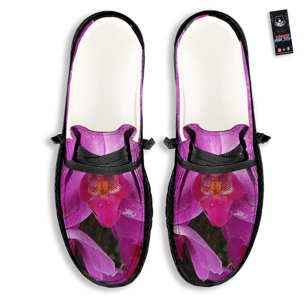 Orchid Flower Magenta Print Black Loafers-grizzshop