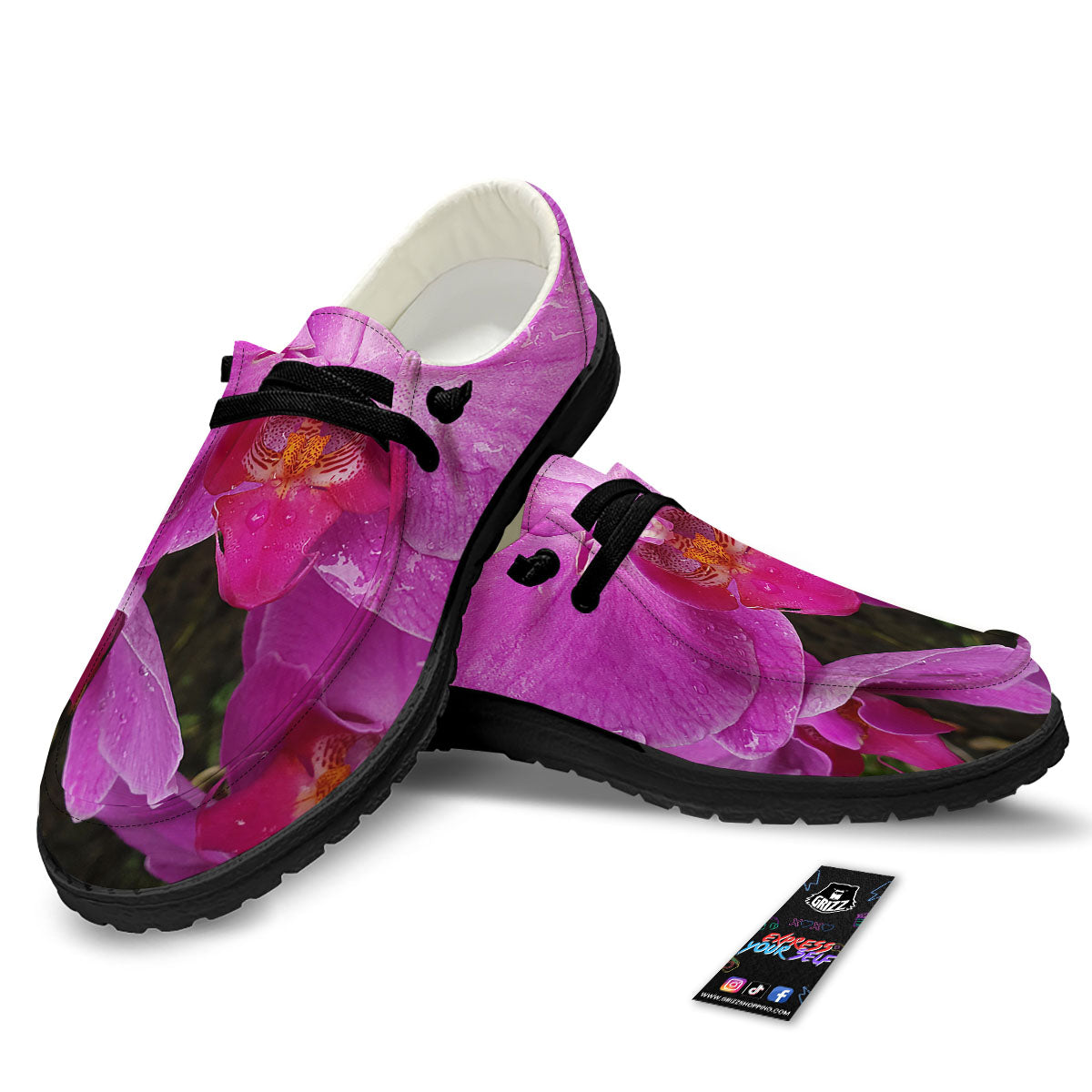 Orchid Flower Magenta Print Black Loafers-grizzshop