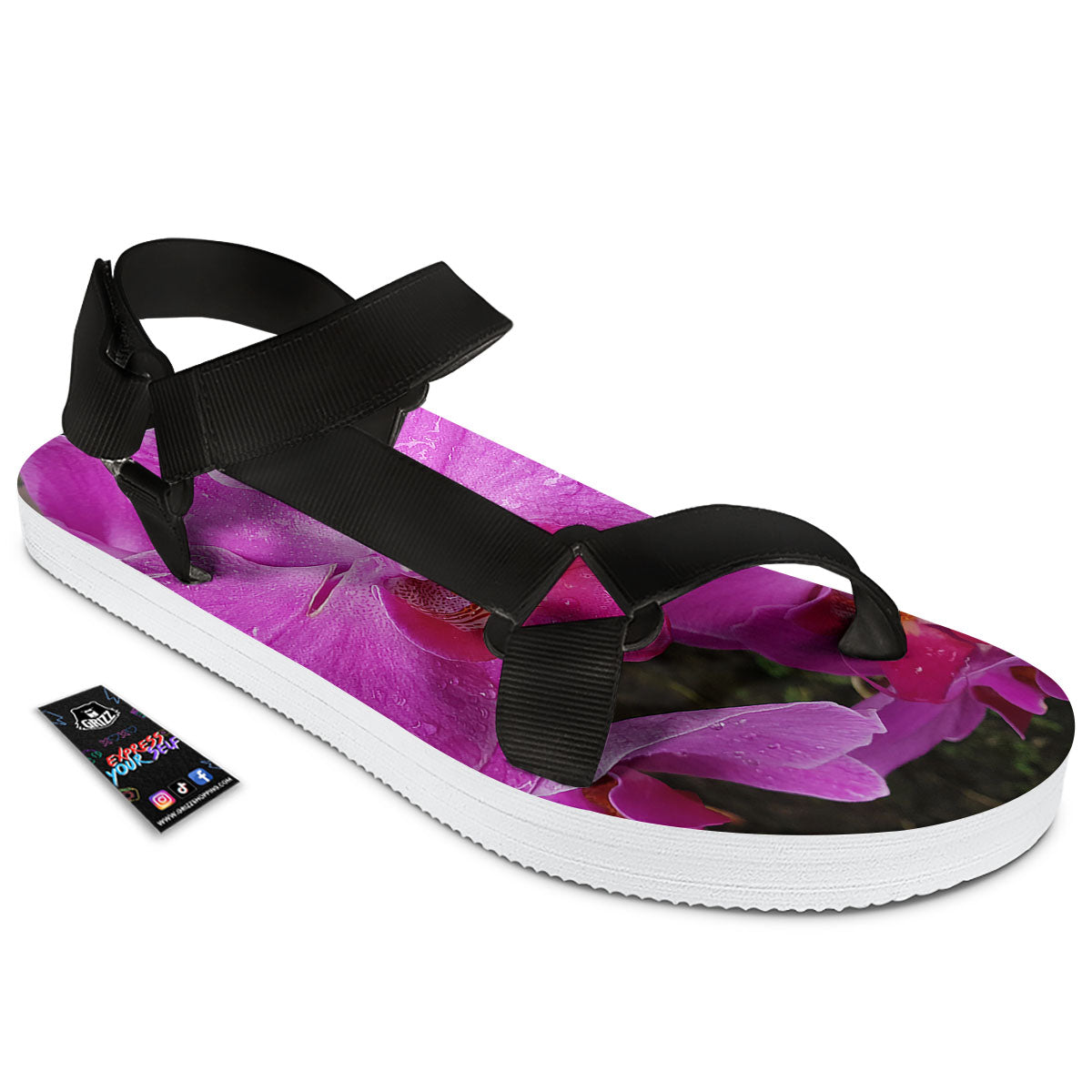 Orchid Flower Magenta Print Black Open Toe Sandals-grizzshop