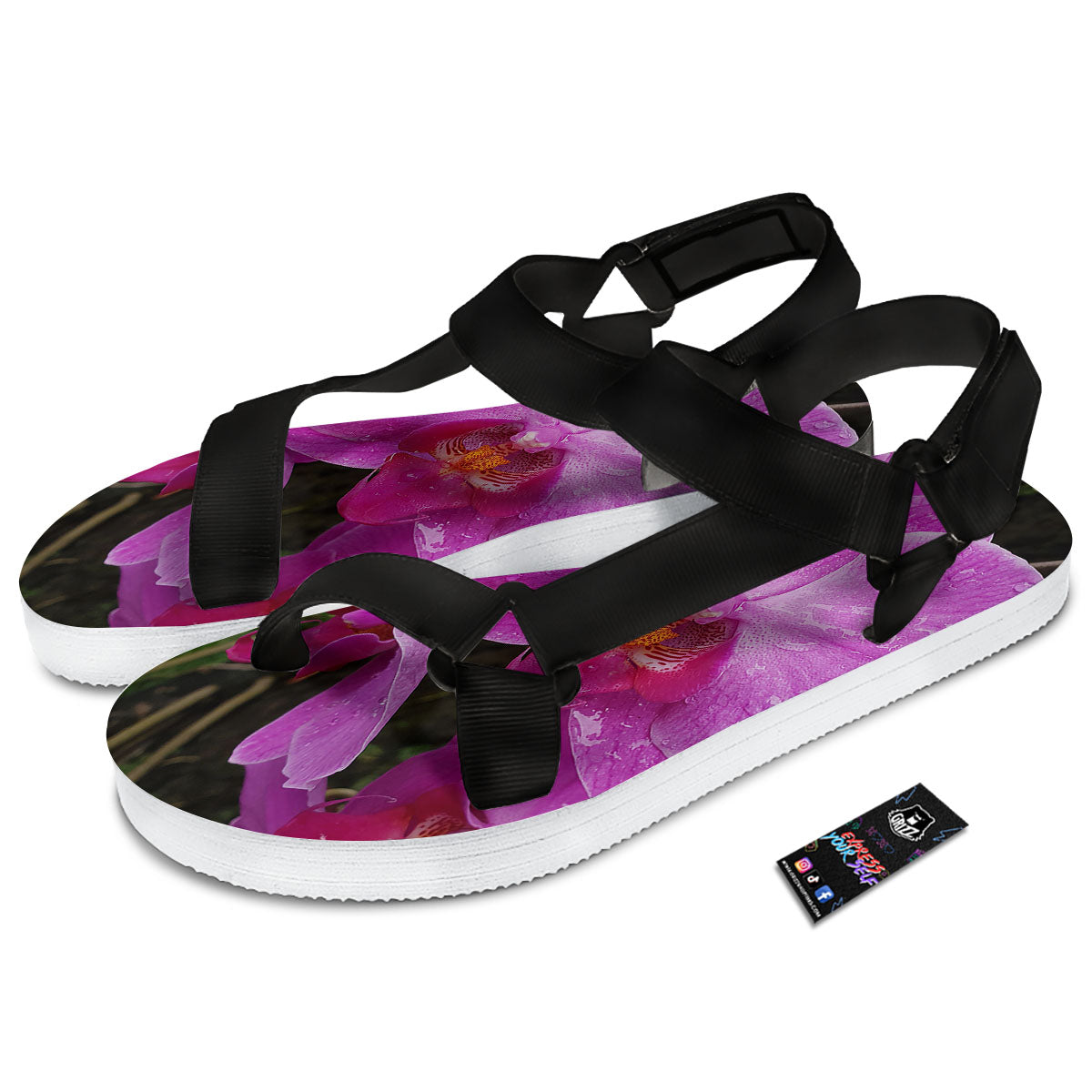Orchid Flower Magenta Print Black Open Toe Sandals-grizzshop