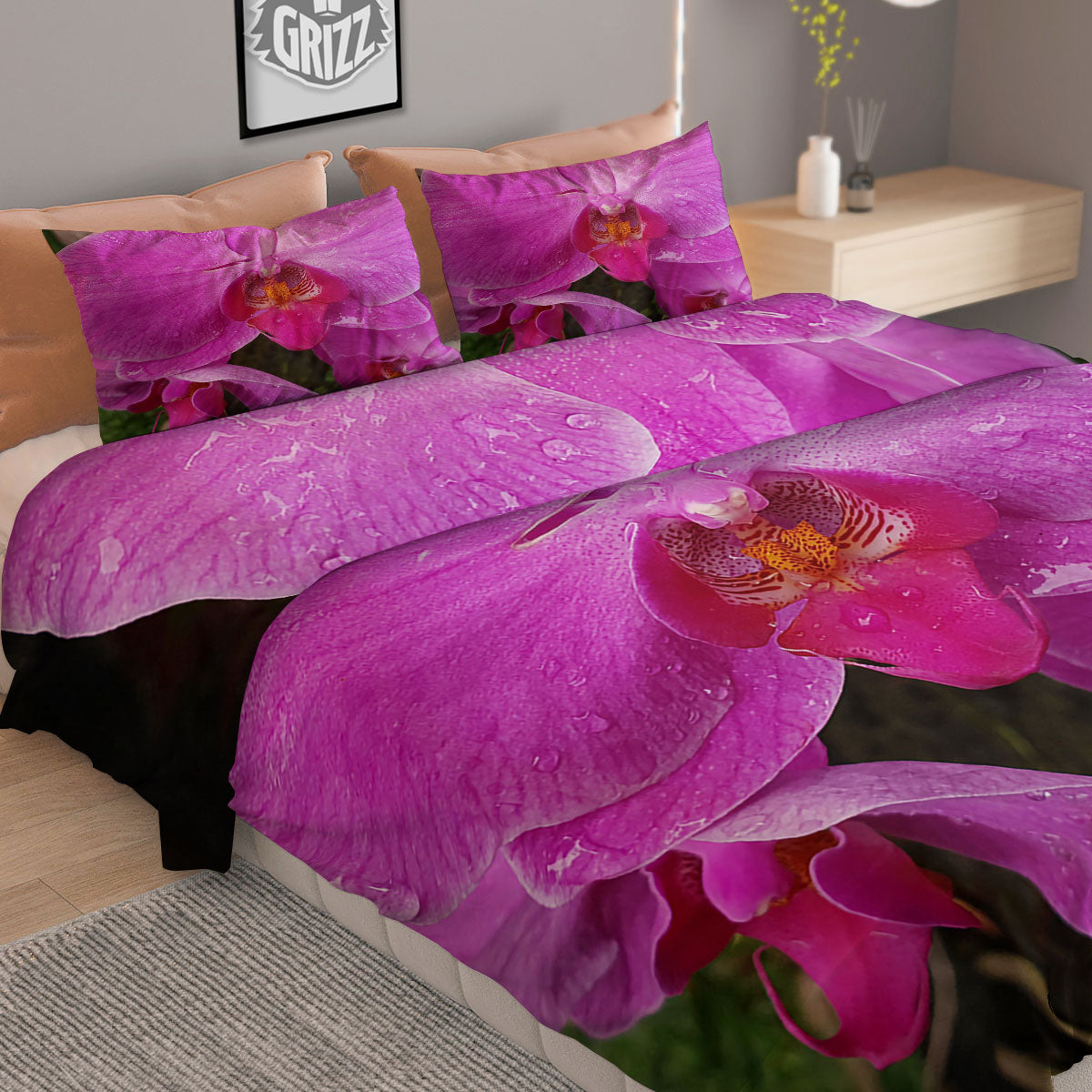 Orchid Flower Magenta Print Duvet Cover Bedding Set