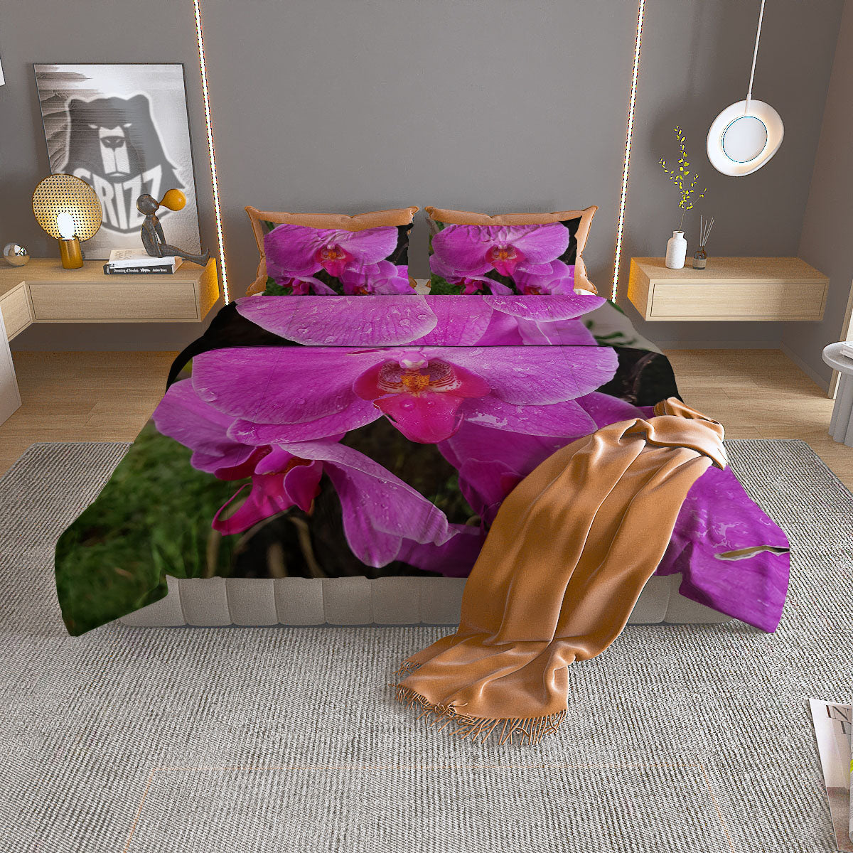 Orchid Flower Magenta Print Duvet Cover Bedding Set