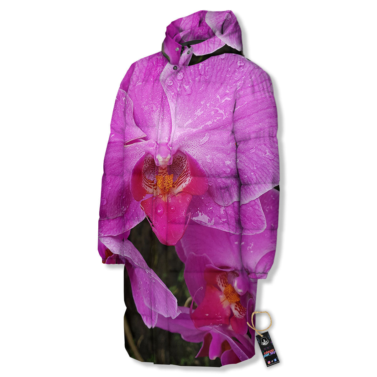 Orchid Flower Magenta Print Long Down Jacket-grizzshop