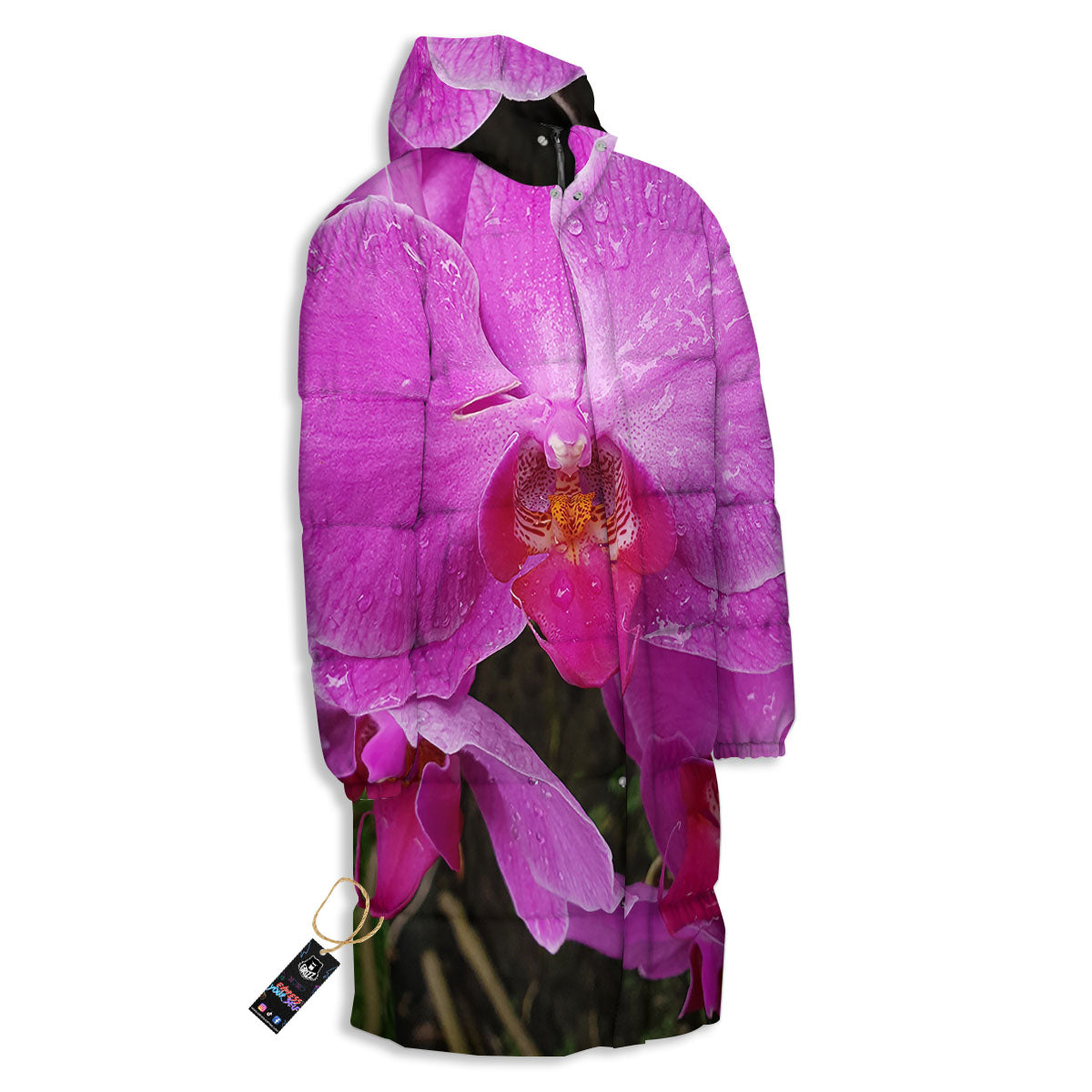 Orchid Flower Magenta Print Long Down Jacket-grizzshop