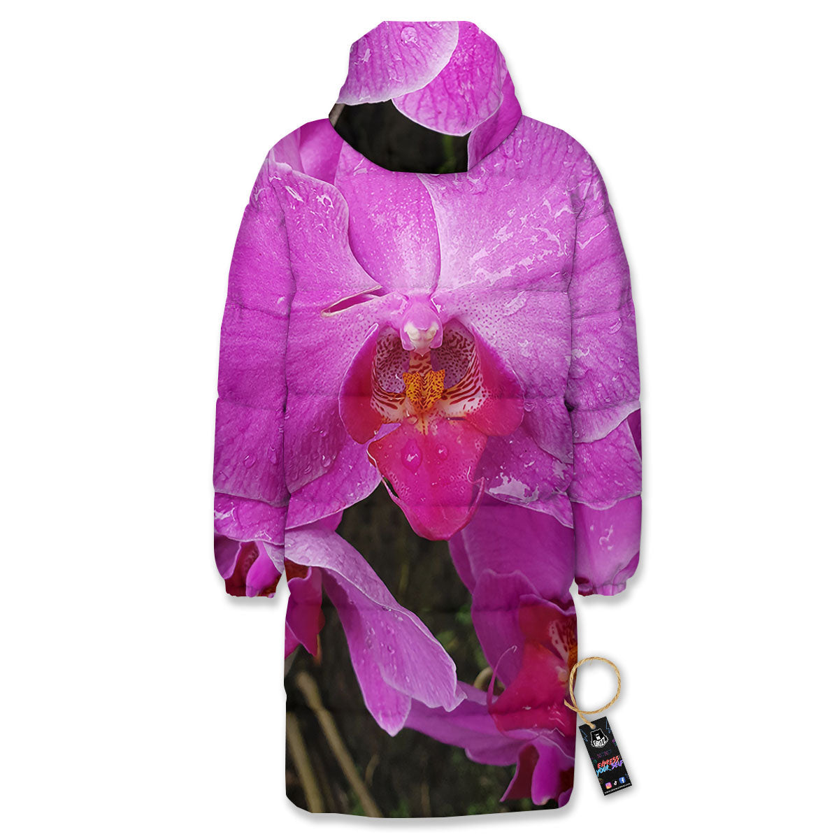Orchid Flower Magenta Print Long Down Jacket-grizzshop