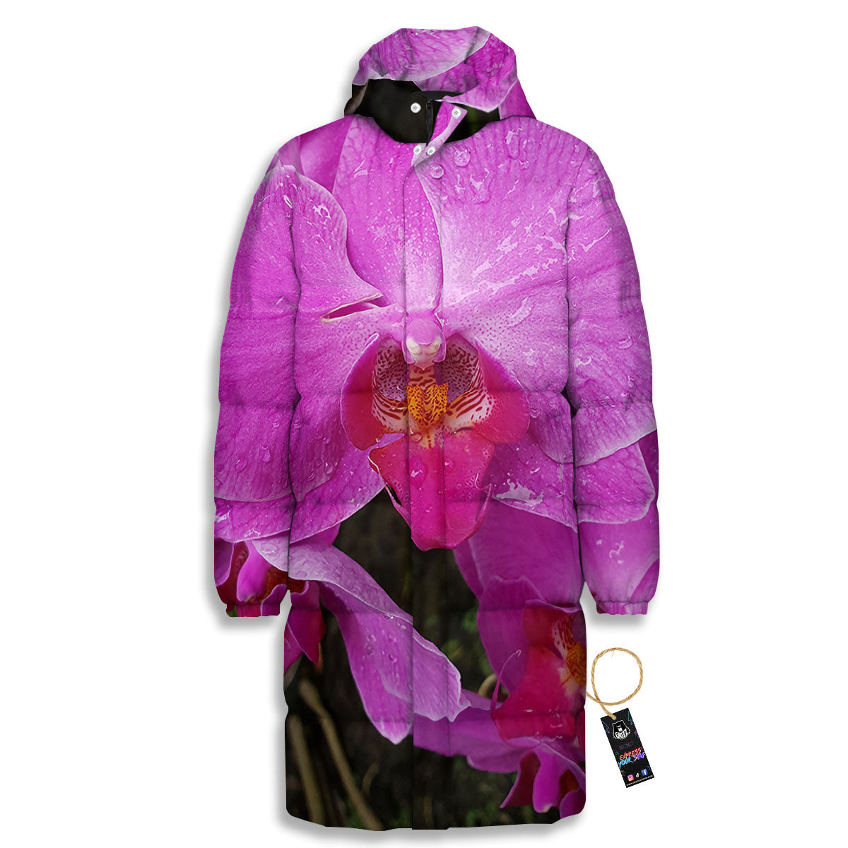 Orchid Flower Magenta Print Long Down Jacket-grizzshop