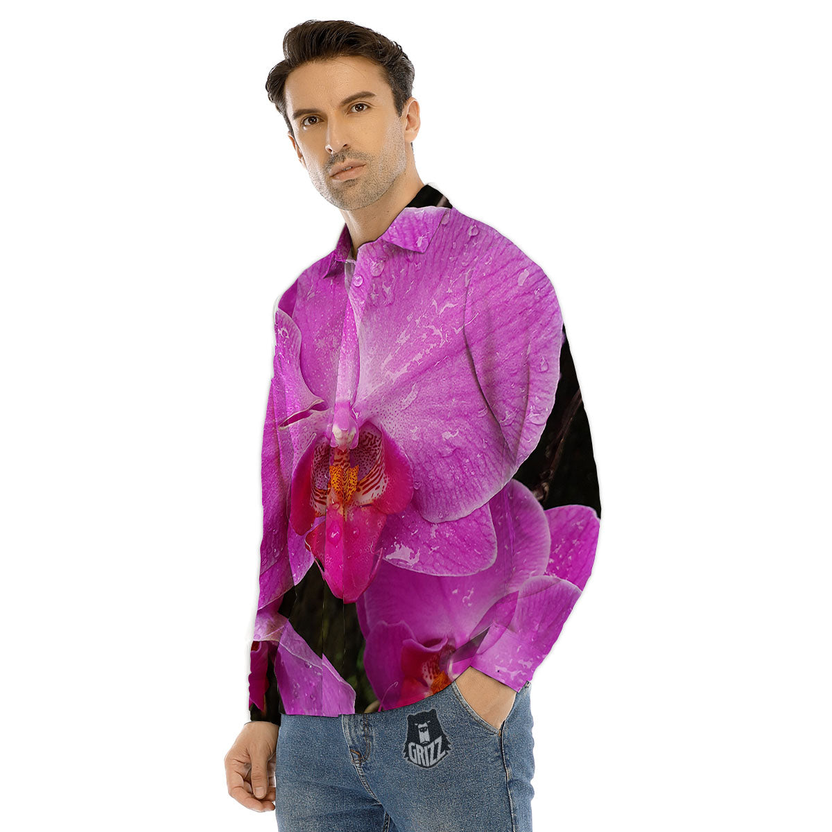 Orchid Flower Magenta Print Men's Dress Shirts-grizzshop