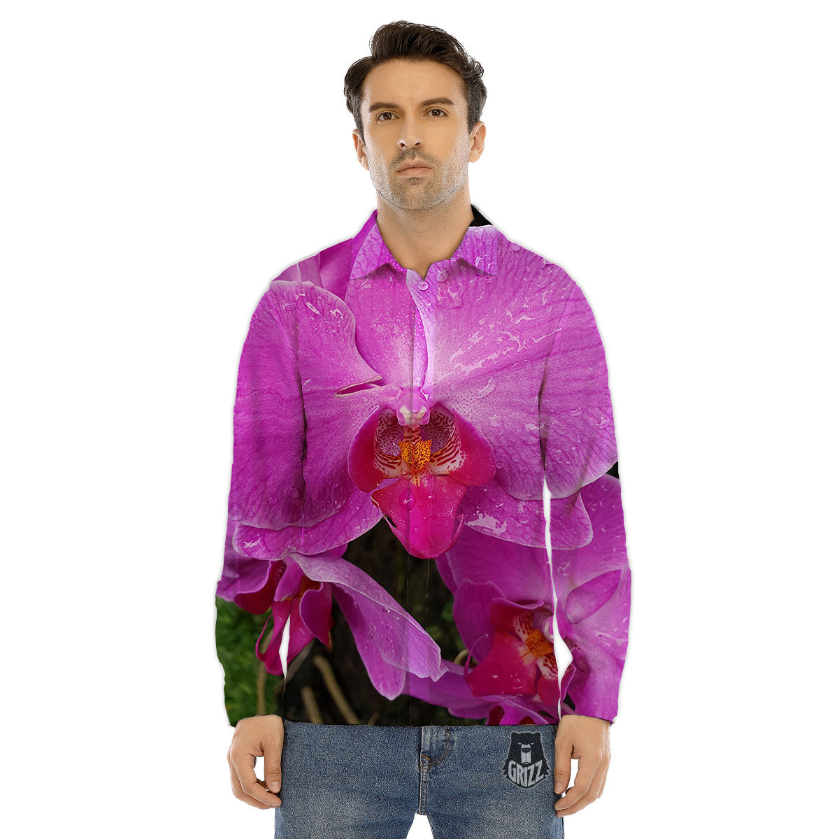 Orchid Flower Magenta Print Men's Dress Shirts-grizzshop