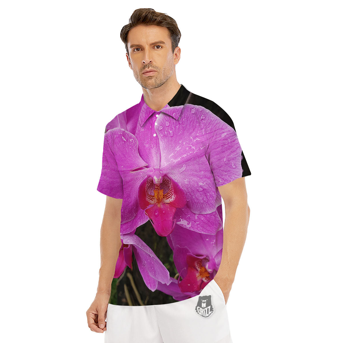 Orchid Flower Magenta Print Men's Golf Shirts-grizzshop