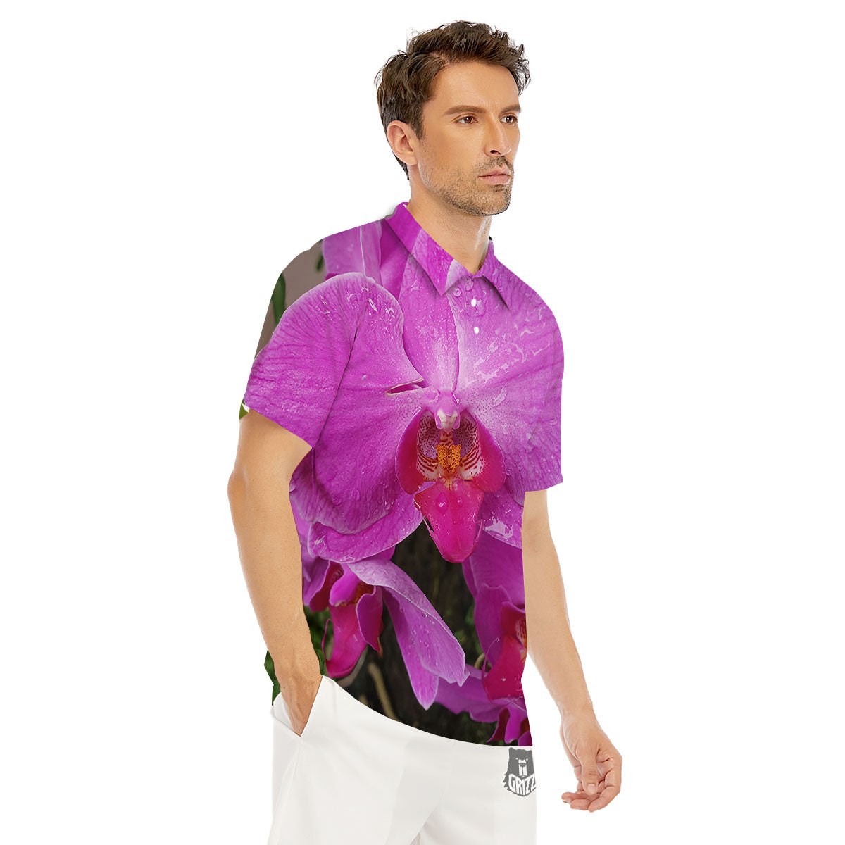 Orchid Flower Magenta Print Men's Golf Shirts-grizzshop