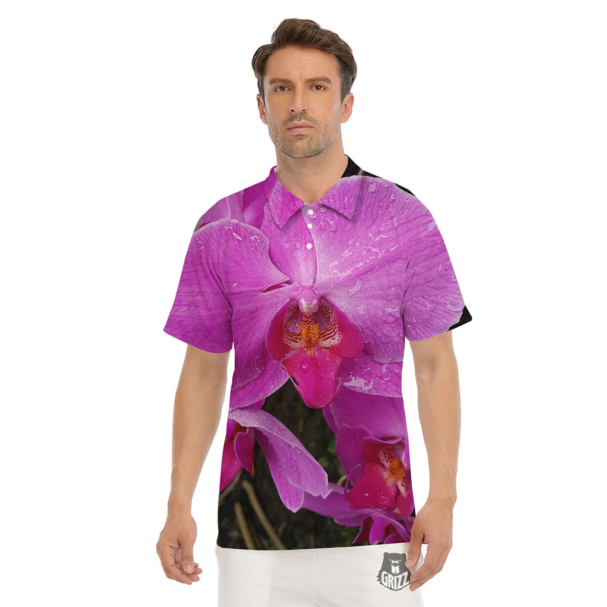 Orchid Flower Magenta Print Men's Golf Shirts-grizzshop