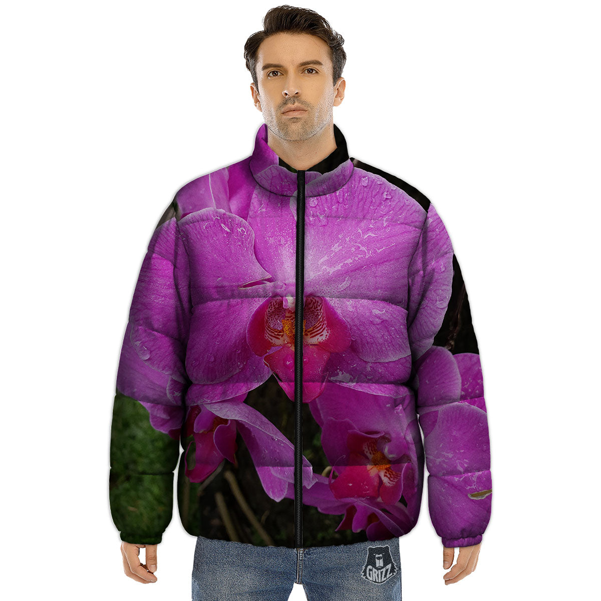 Orchid Flower Magenta Print Puffer Jacket-grizzshop