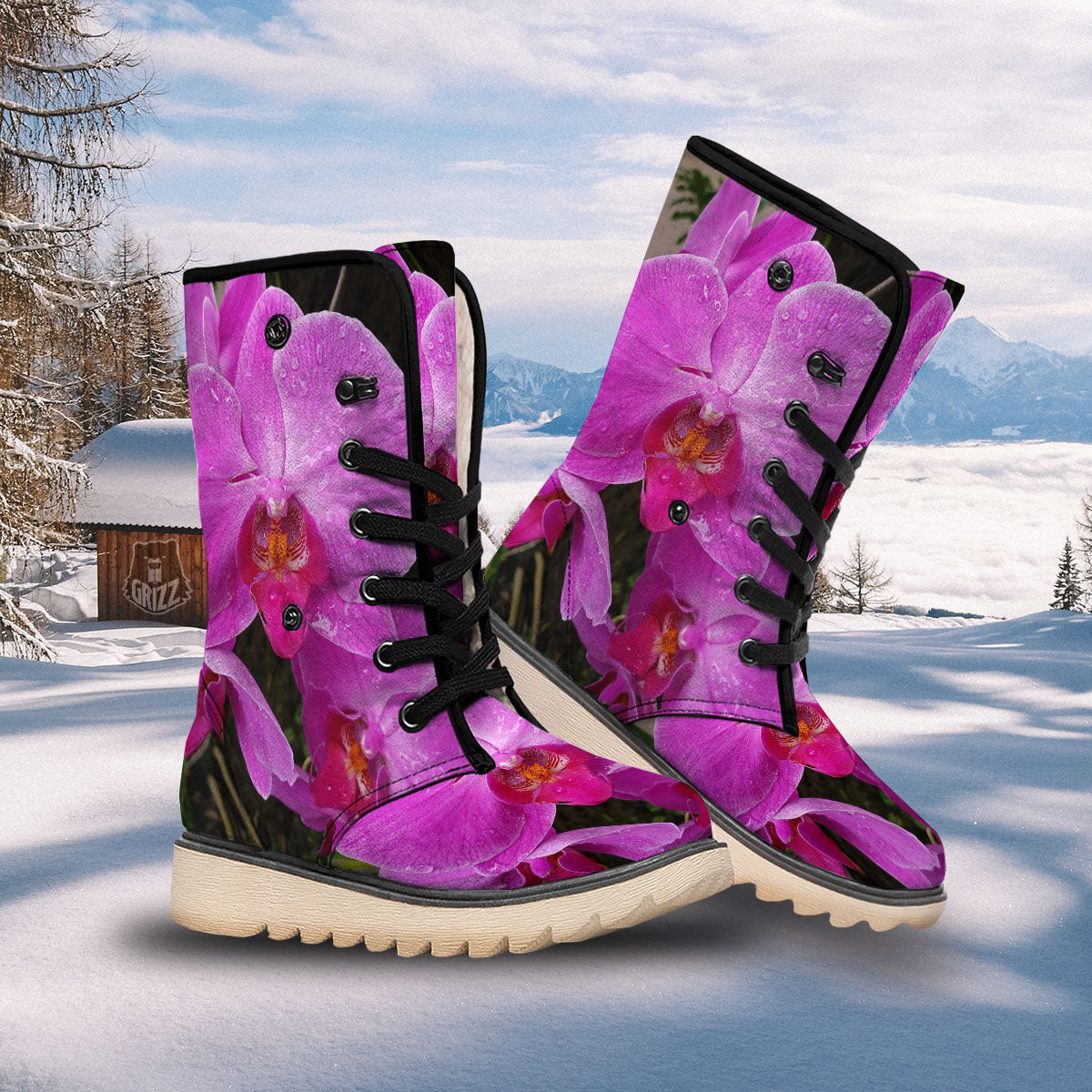 Orchid Flower Magenta Print Snow Boots-grizzshop