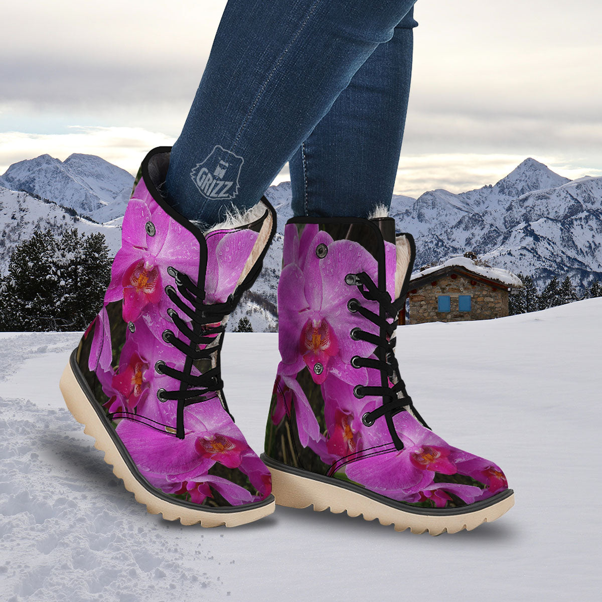 Orchid Flower Magenta Print Snow Boots-grizzshop