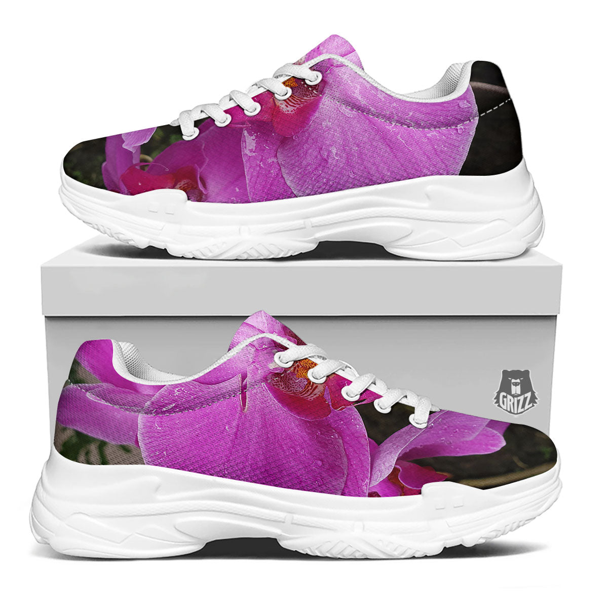 Orchid Flower Magenta Print White Chunky Shoes-grizzshop