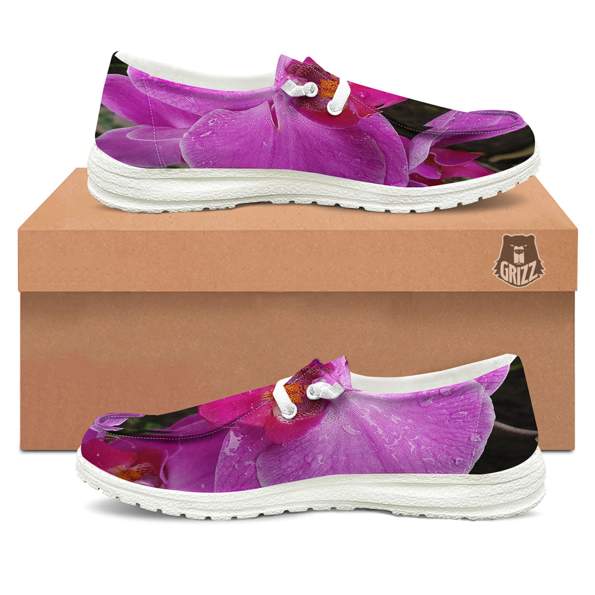 Orchid Flower Magenta Print White Loafers-grizzshop