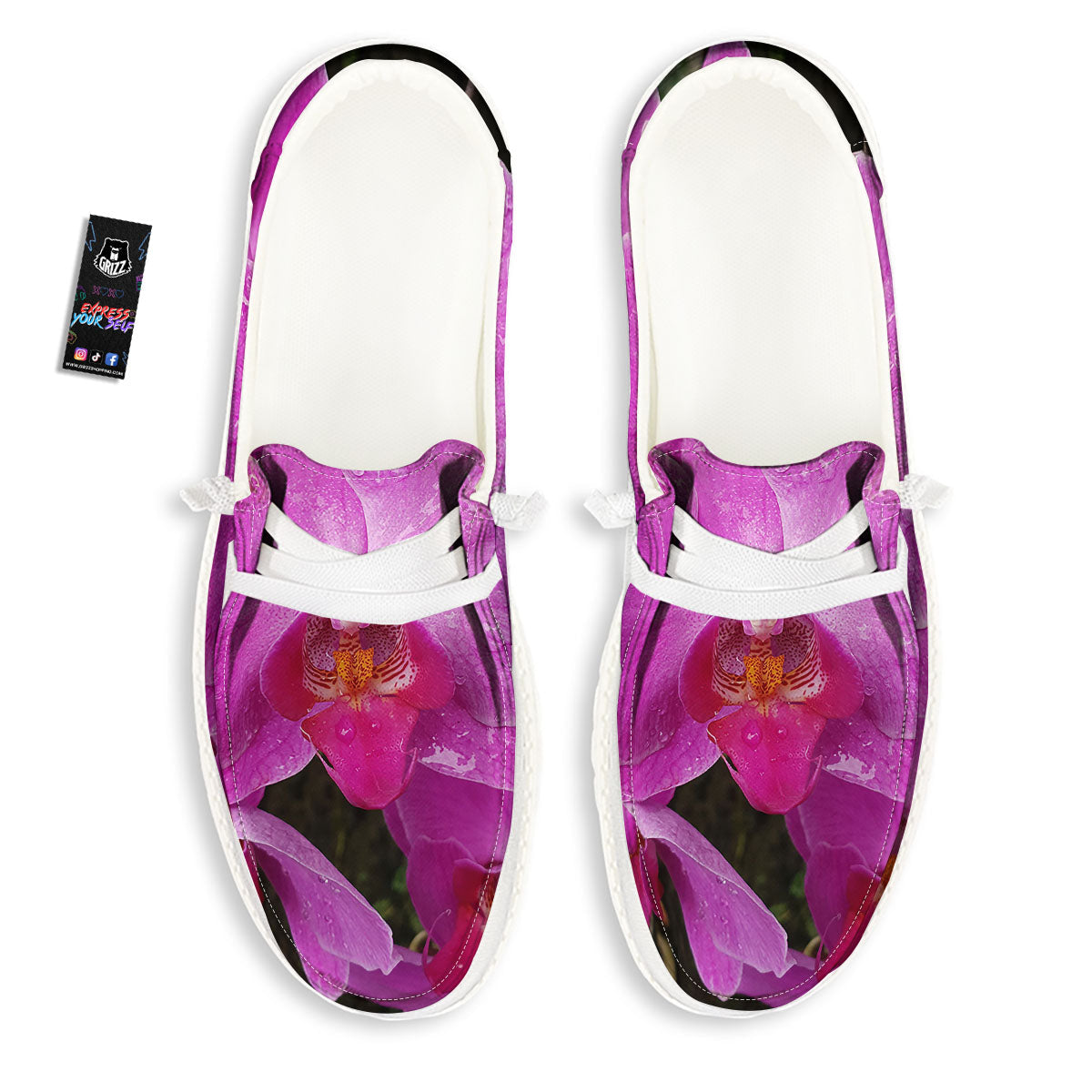 Orchid Flower Magenta Print White Loafers-grizzshop