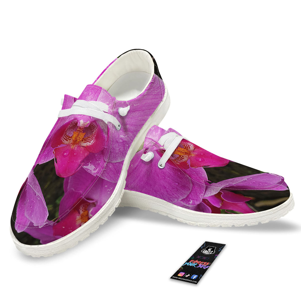 Orchid Flower Magenta Print White Loafers-grizzshop
