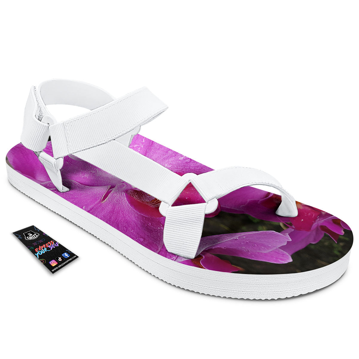 Orchid Flower Magenta Print White Open Toe Sandals-grizzshop