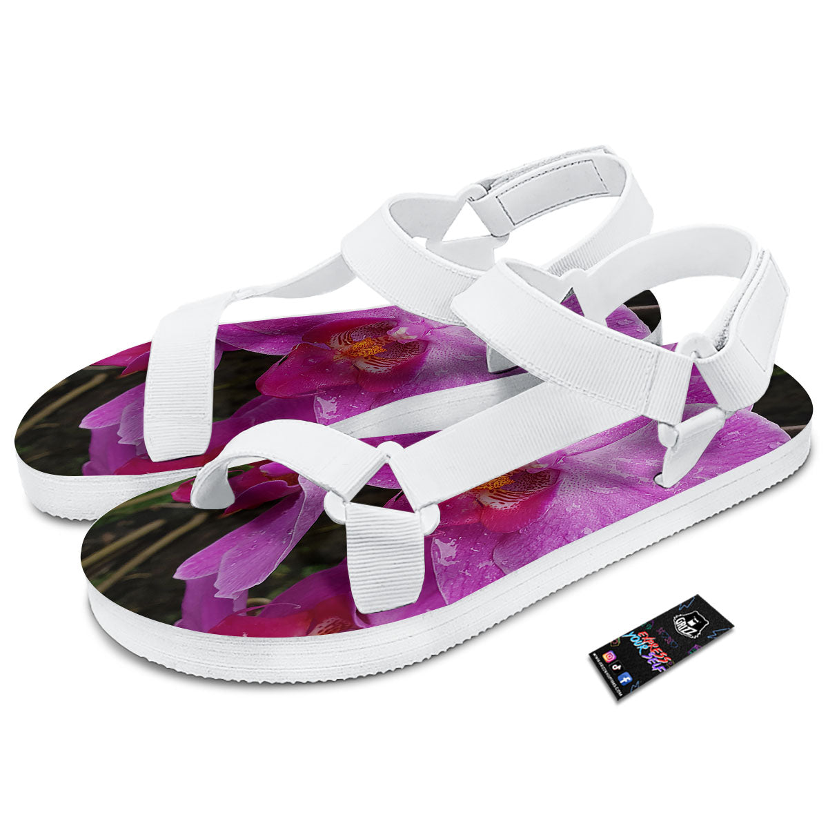 Orchid Flower Magenta Print White Open Toe Sandals-grizzshop