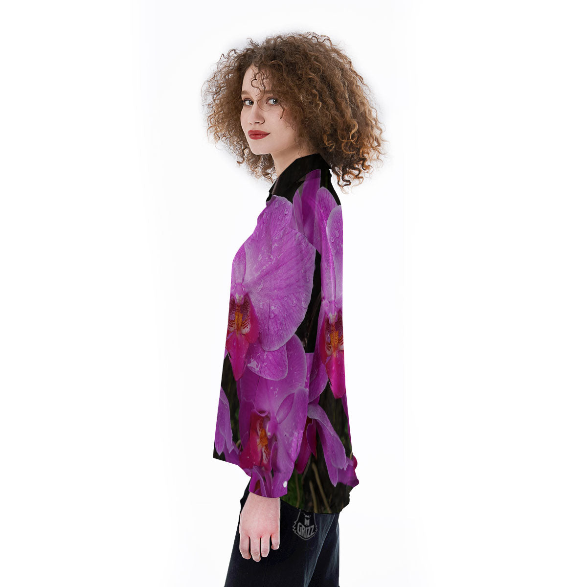 Orchid Flower Magenta Print Women's Long Sleeve Shirts-grizzshop