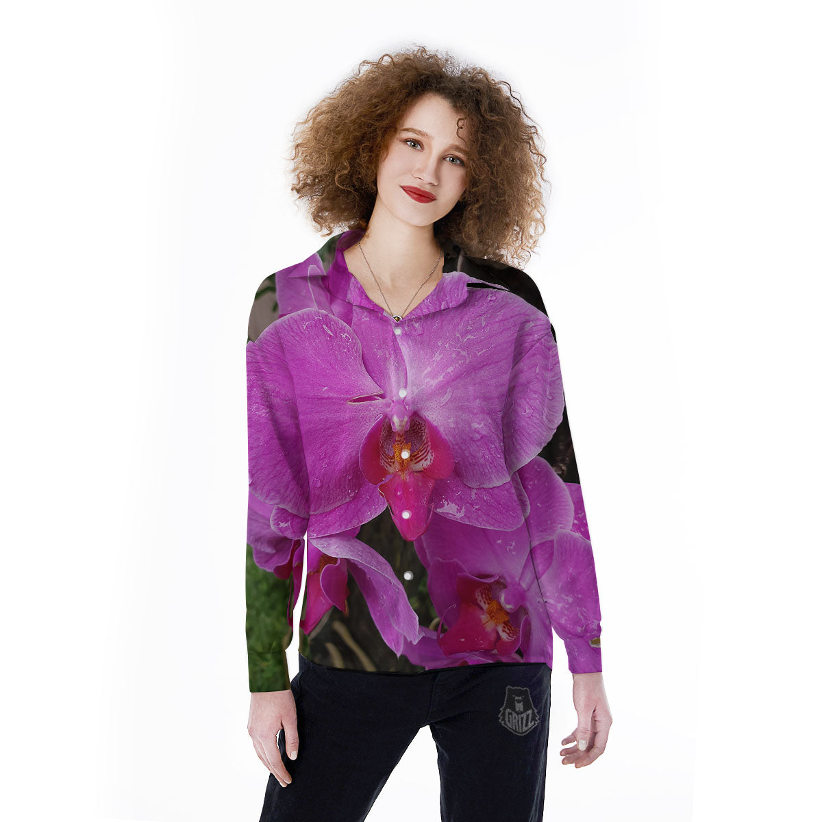 Orchid Flower Magenta Print Women's Long Sleeve Shirts-grizzshop