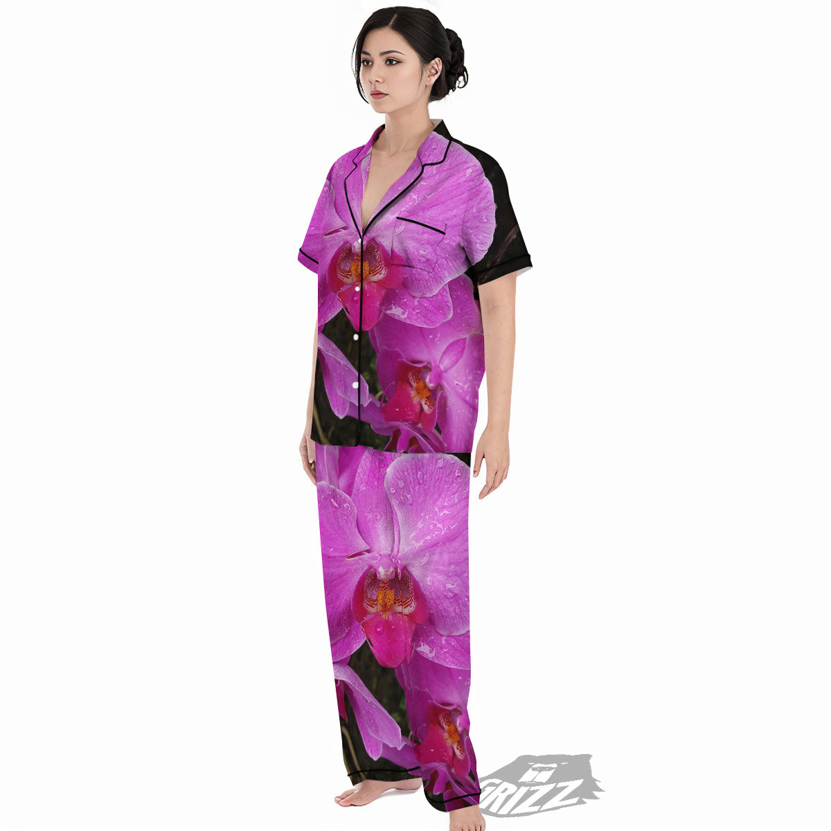 Orchid Flower Magenta Print Women's Pajamas Set-grizzshop