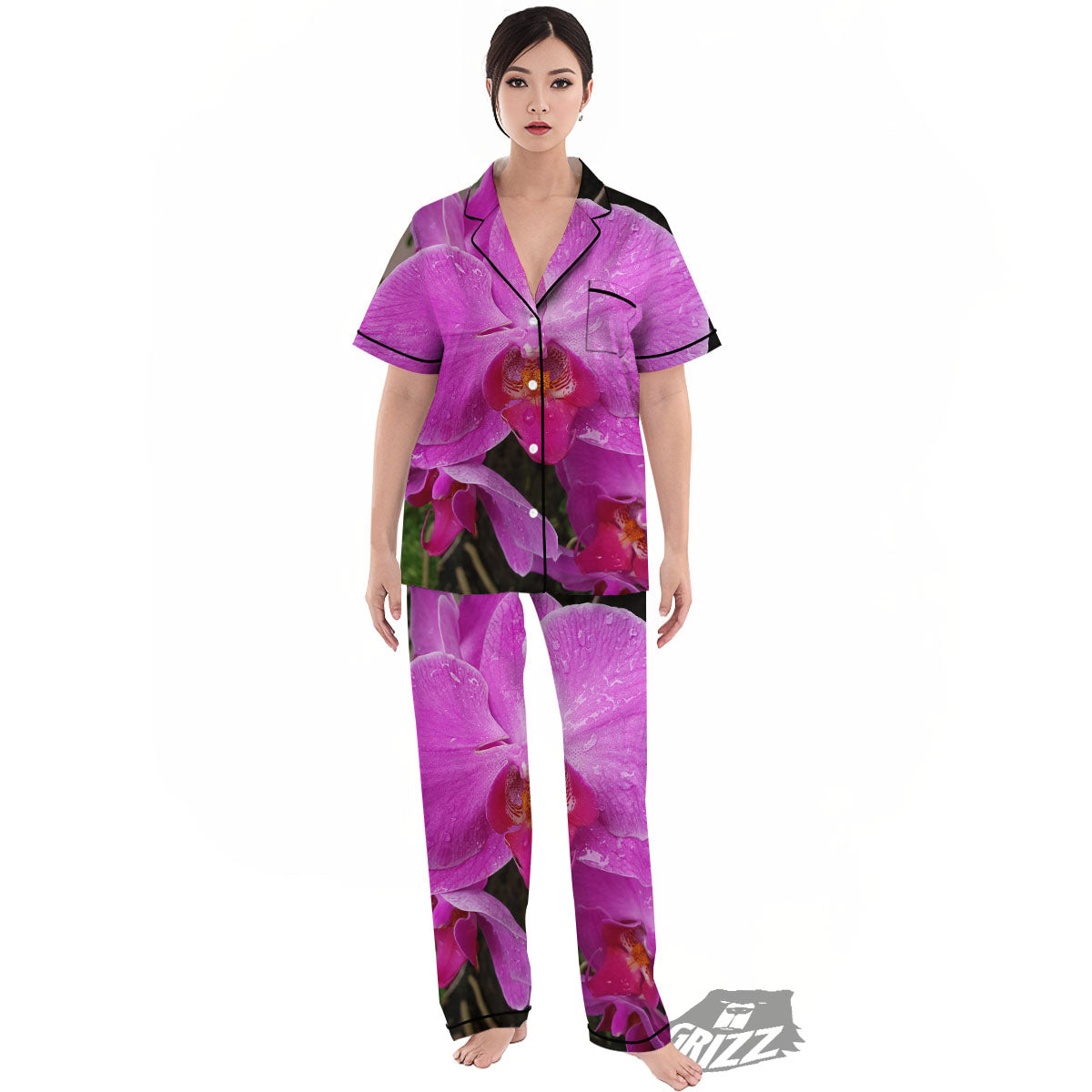 Orchid Flower Magenta Print Women's Pajamas Set-grizzshop