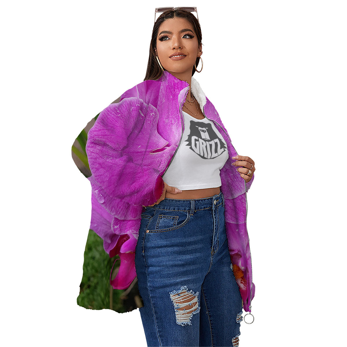 Orchid Flower Magenta Print Women's Sherpa Jacket-grizzshop