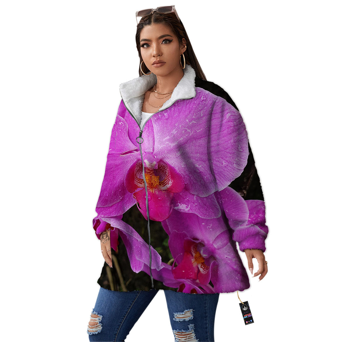 Orchid Flower Magenta Print Women's Sherpa Jacket-grizzshop