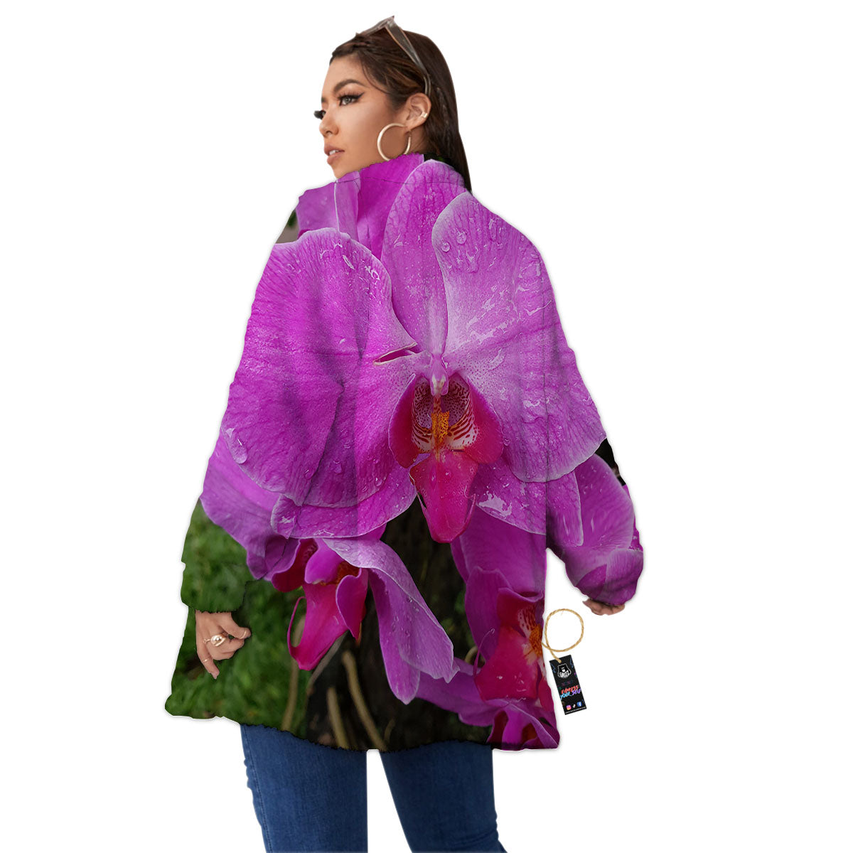Orchid Flower Magenta Print Women's Sherpa Jacket-grizzshop