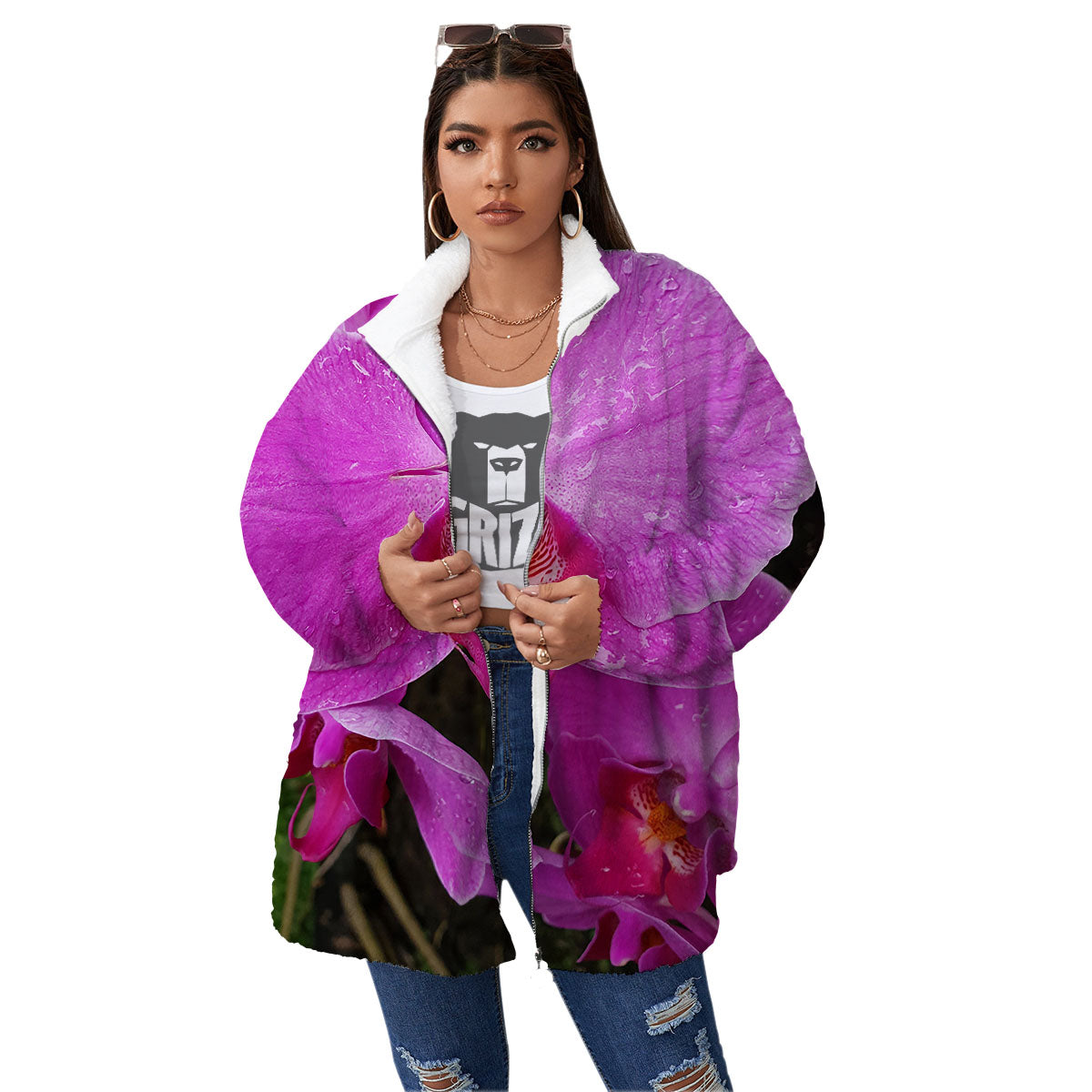 Orchid Flower Magenta Print Women's Sherpa Jacket-grizzshop